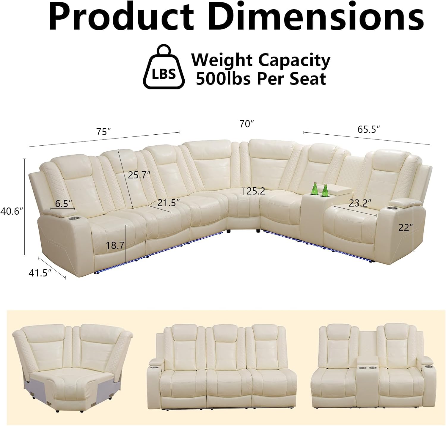 Power Reclining Sectional Sofa Set with LED & USB, Living Room Furniture Sets, White Leather Recliner Couch with Storage & Cup Holders, Power Recliner Sofa for Modern Living Rooms