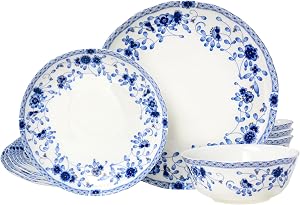 Fine Royal Gold-Plated Bone China Dinnerware Set for 4, 12-Piece Blue and White Porcelain Dinnerware Set, Dinner Plates and Salad/Dessert Plate Set with Bowls Service for 4 (12, Blue