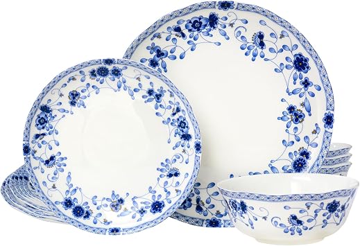 Fine Bone China Dinnerware Set, 12-Piece Blue and White Porcelain Dinnerware Set, Plates and Bowls Sets, Service for 4Blue A