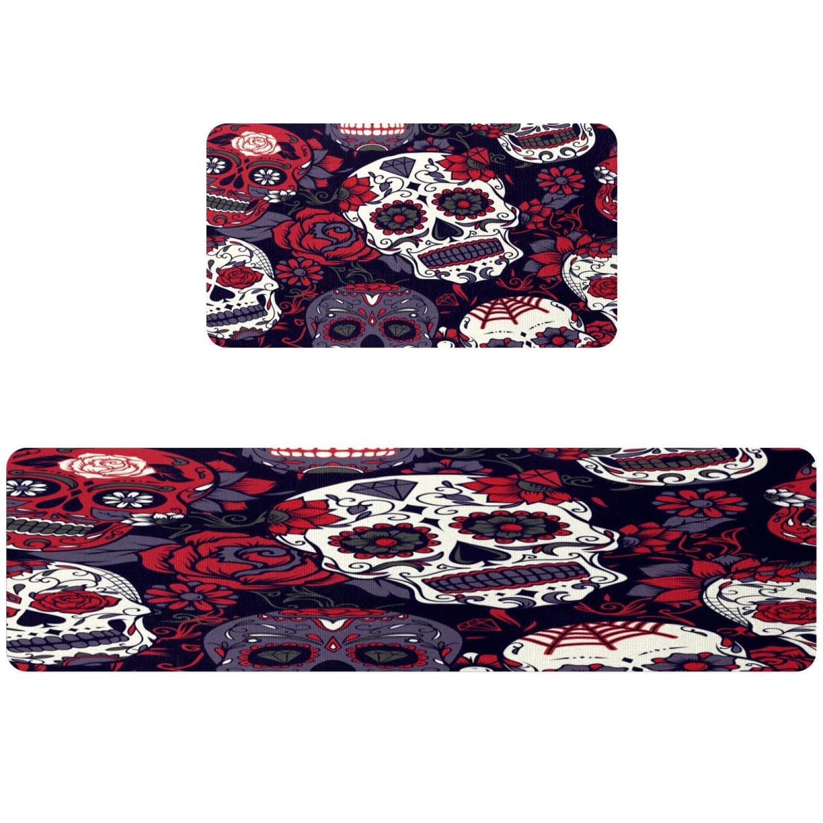 Lot de 2 tapis de cuisine antidérapants et lavables motif floral tête de mort en sucre pour sol