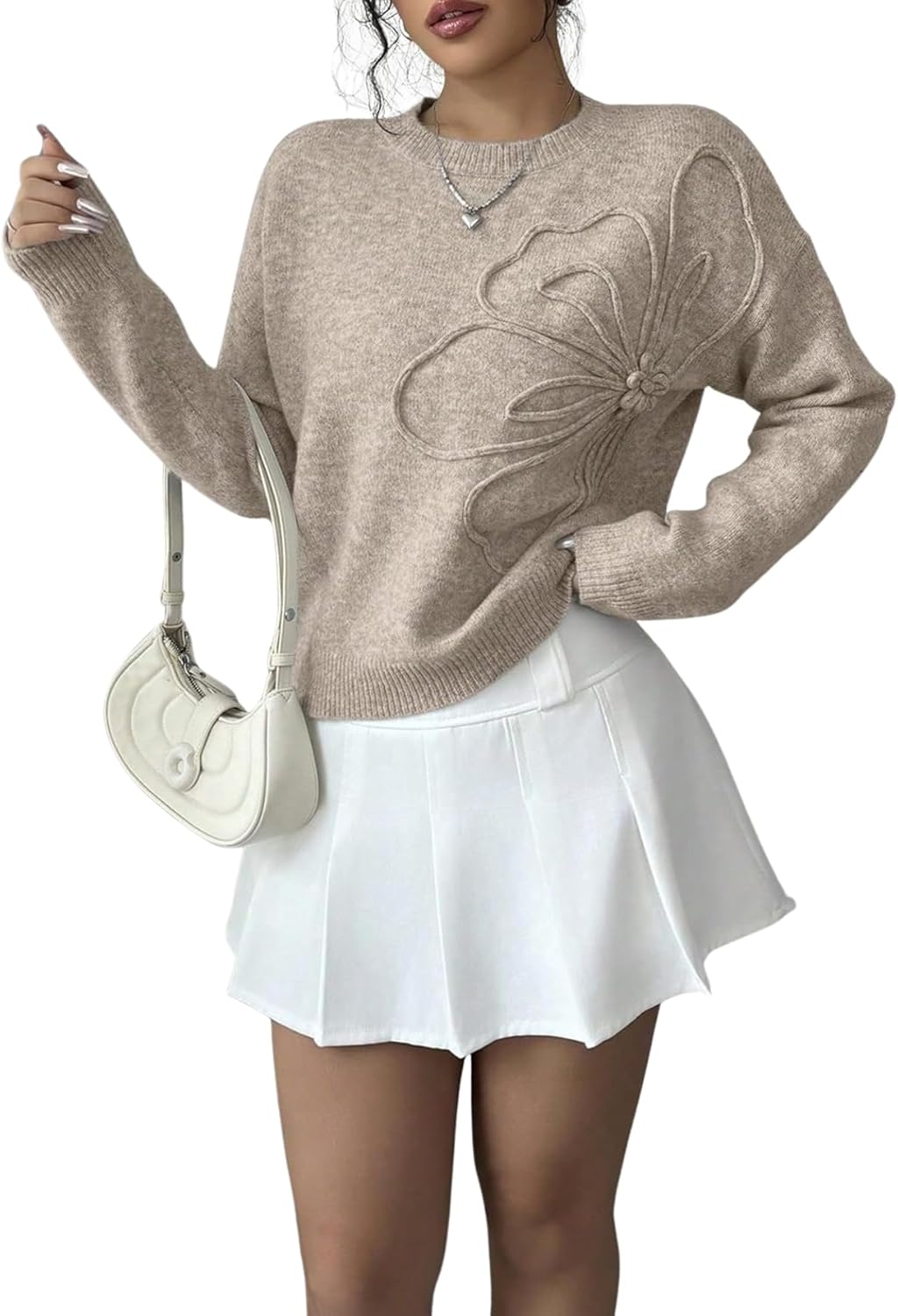 Verdusa Women's Spring 3D Flower Appliques Crewneck Sweaters Long Sleeve Drop Shoulder Pullovers Knit Going Out Tops