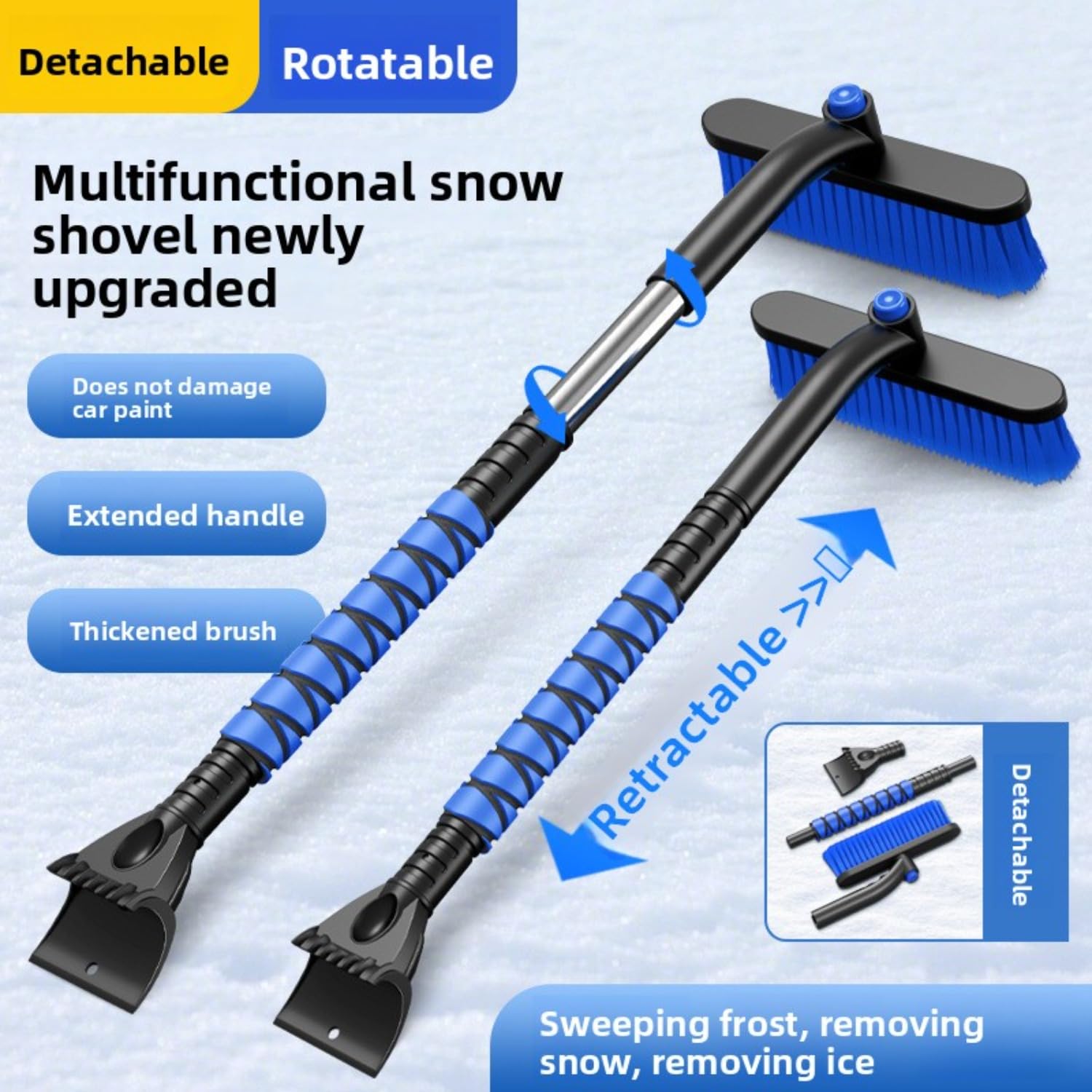 Rascador de hielo giratorio 3 en 1, cepillo de nieve extensible para coche con pala de nieve, poste telescópico de aluminio de 65-80 cm para parabrisas, eliminación de hielo y nieve en el techo, kit