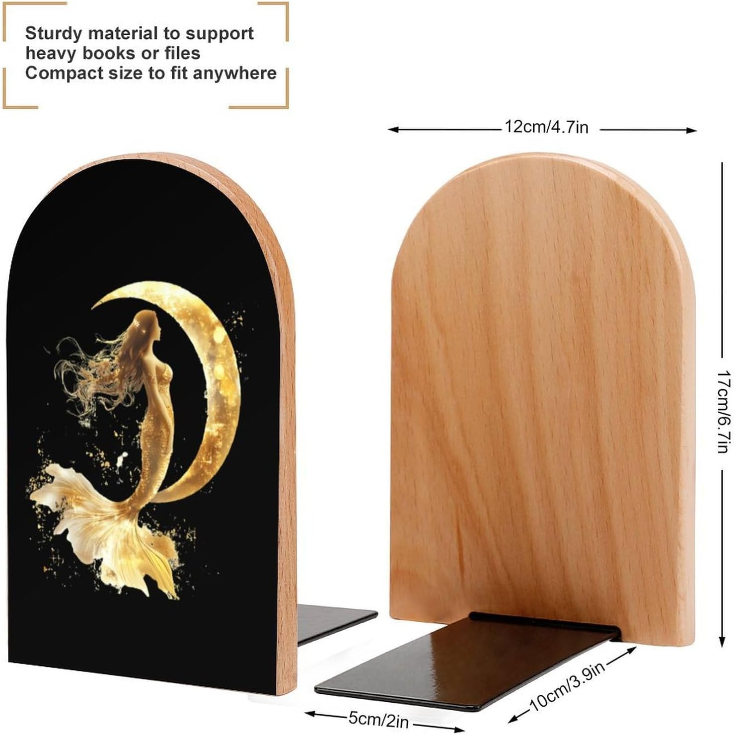 Golden Color Mermaid Moon Cute Wood Book Ends Decorative Bookends 1 Pair Non-Skid for Shelves Home Office 7 X 5 Inch