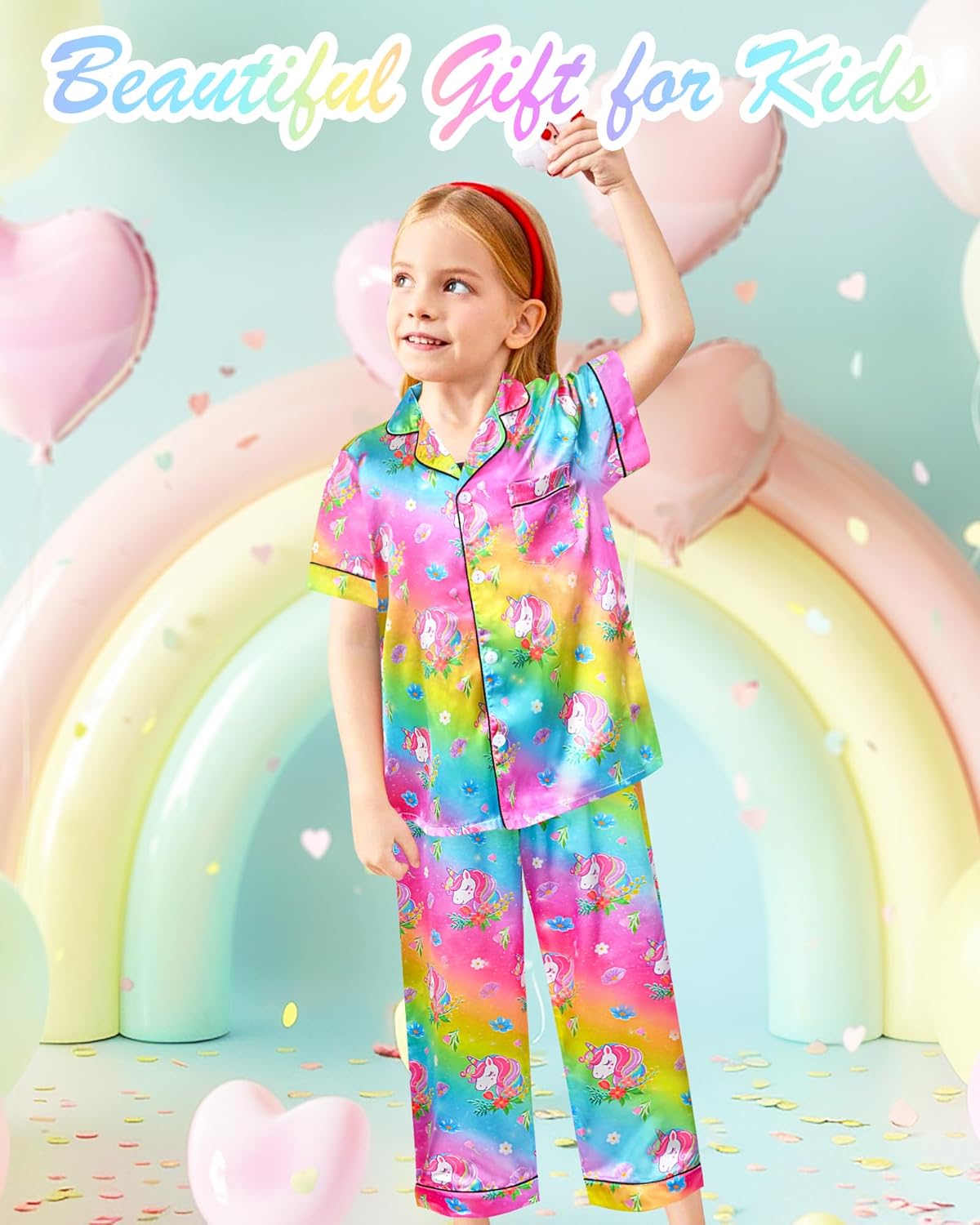 Sylfairy Girls Satin Pajamas Silk PJS Set Rainbow Unicorn Sleepwear Short Sleeve Long Pants Jammies for Toddler Kids - Image 3