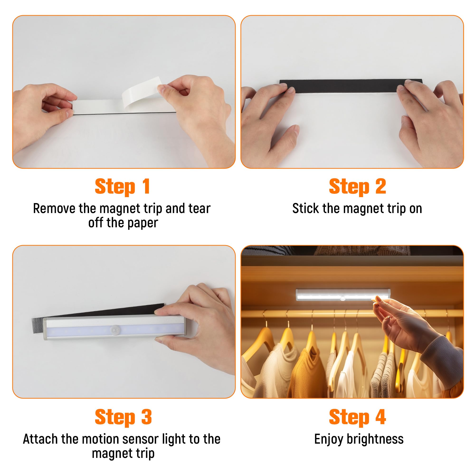Molrebe Luces LED con sensor de movimiento, paquete de 6 unidades, funciona con pilas, 10 luces LED de movimiento para armario, barra de luz nocturna magnética para armario, debajo del armario, cocina