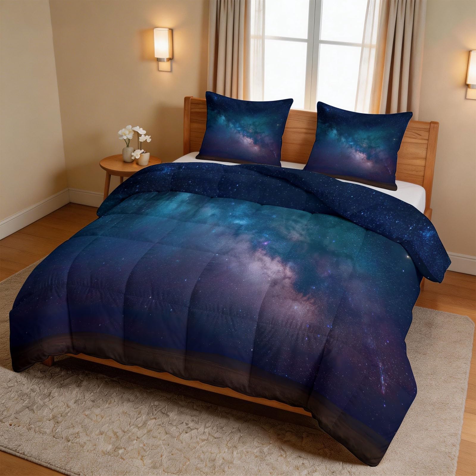 Kołdra 200 x 200 cm fotografia kosmiczna, kołdra 4 pory roku nadaje się do prania dla 2 osób, kołdra gwiaździste niebo blask mgławica droga mleczna bez rękawów, miękka lekka i 2 poszewki na poduszki