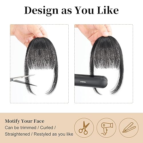 Miniatura 4 de FLUFYMOOZ Flequillo de clip 100 cabello humano flequillo limpio extensiones de clip de pelo flequillo con clip flequillo limpio con sienes para