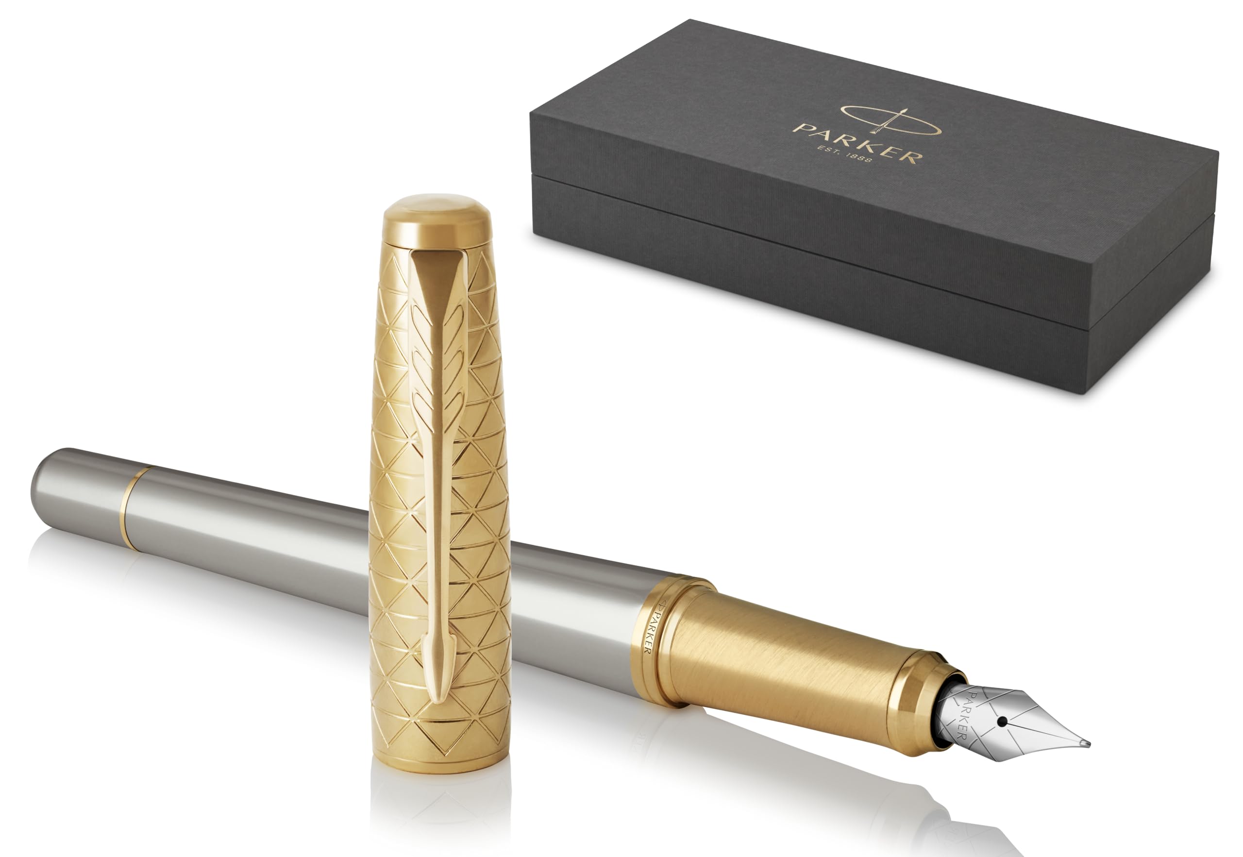 Urban Premium Metal Fountain Pen | Aureate Gold Powder with Intricate Engraved Pattern | Gold Trims | Medium Nib | Black Ink | Luxury Gift Box