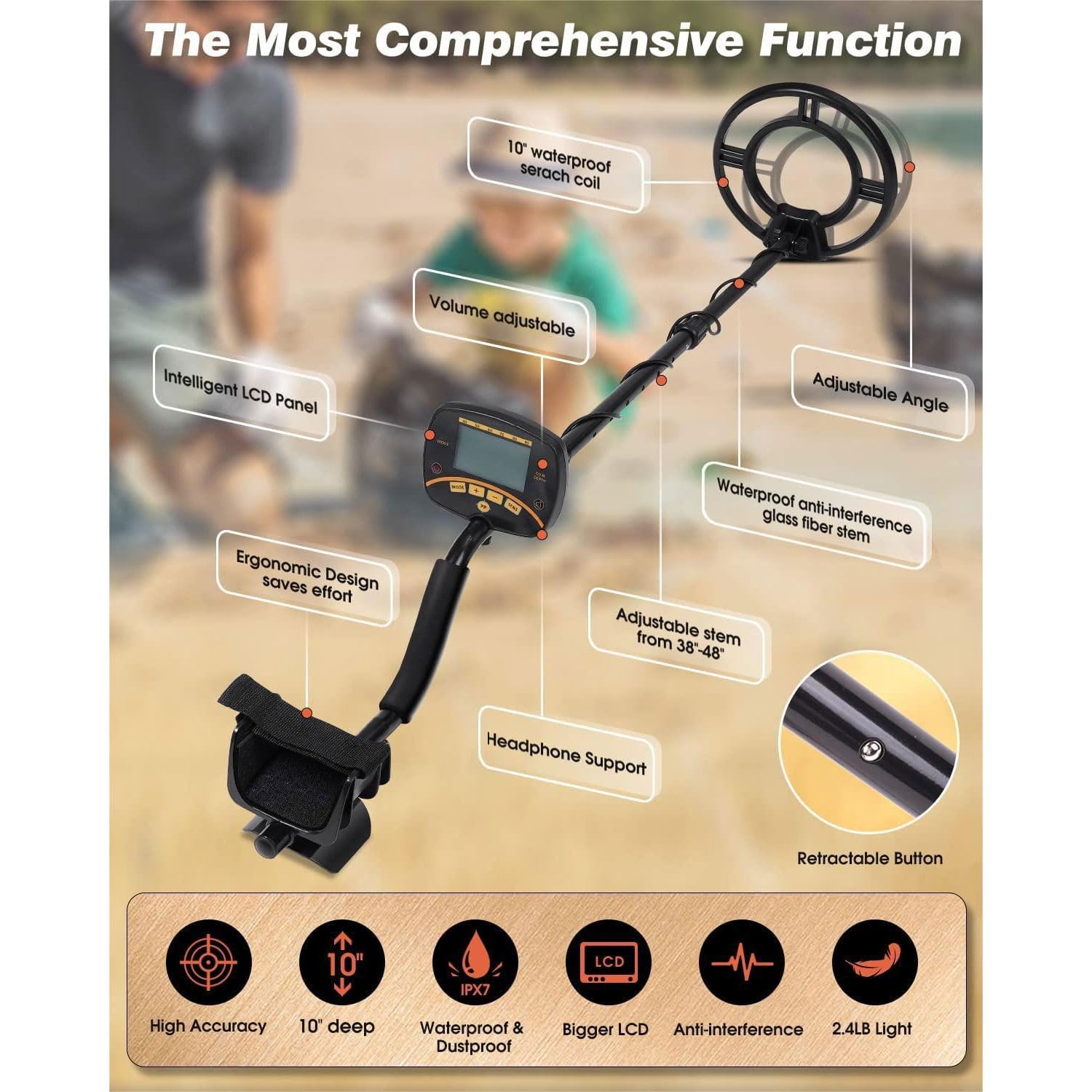 Detector de metales de alta precisión, detector de oro impermeable de 10 pulgadas de profundidad, equipo de caza de tesoros subterráneo de 5 modos, detector de oro elástico con pala y bolsa, tallo