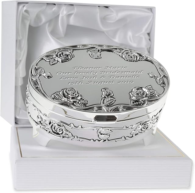 De Walden Bridesmaid Gift Engraved Silver Plated Rose Trinket Box in a Presentation Box Wedding Party Gifts for Brides Maid