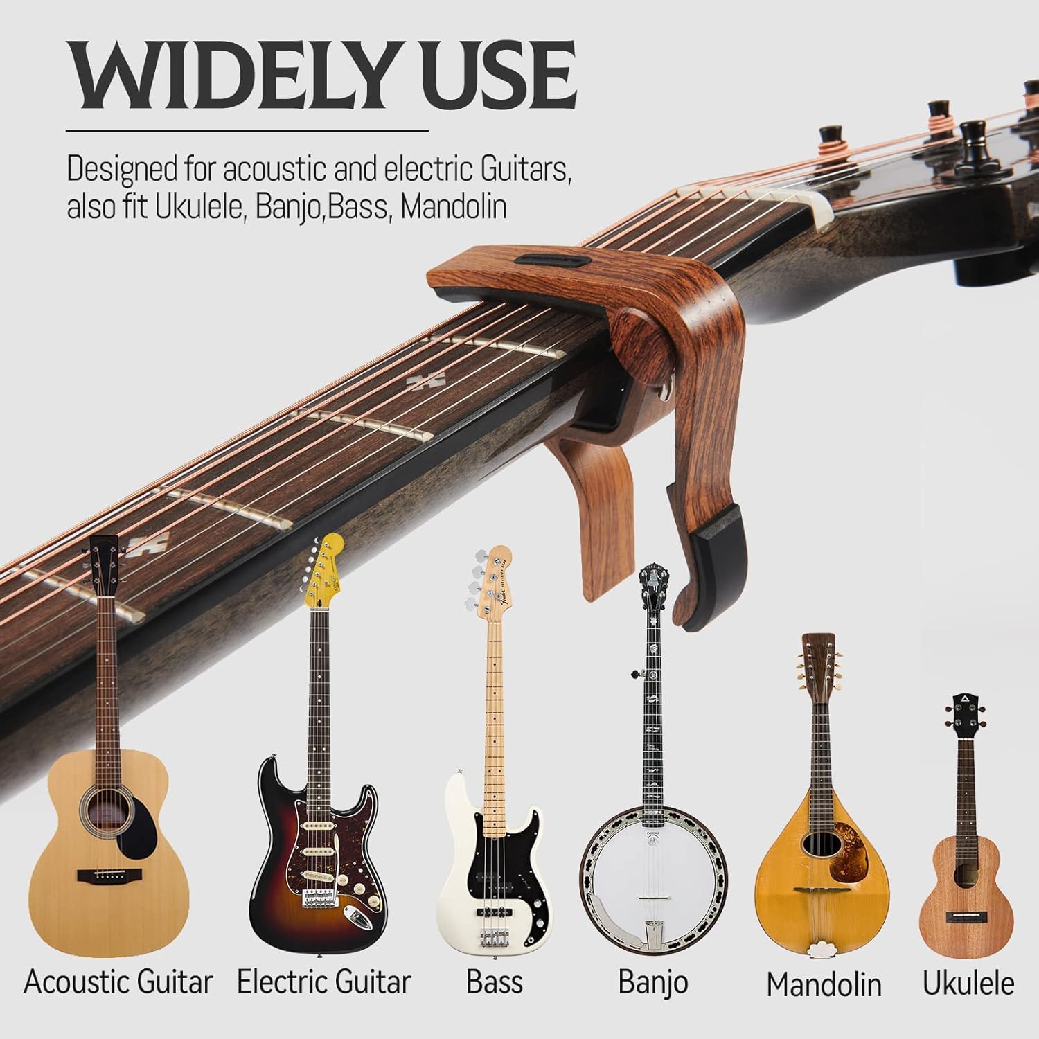 Cejilla de guitarra con soporte para púas para guitarra acústica y eléctrica, ukelele, bajo, banjo, madera rosa