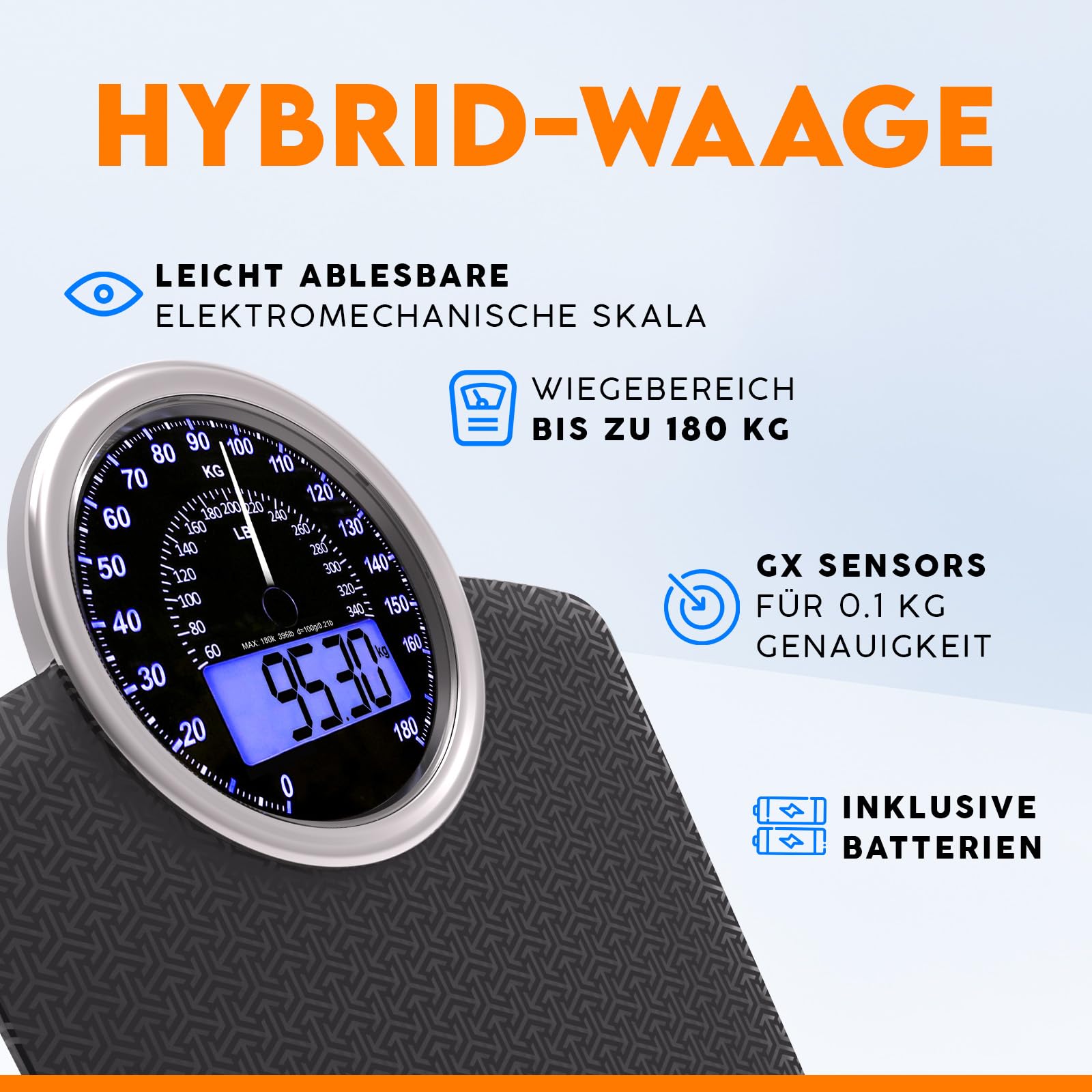 Hybrid 2-in-1 Digitale und Analoge Körperwaage bis 180 kg | Präzise GX-Sensoren auf extra breiter Plattform aus gehärtetem Glas, Schwarz Nova