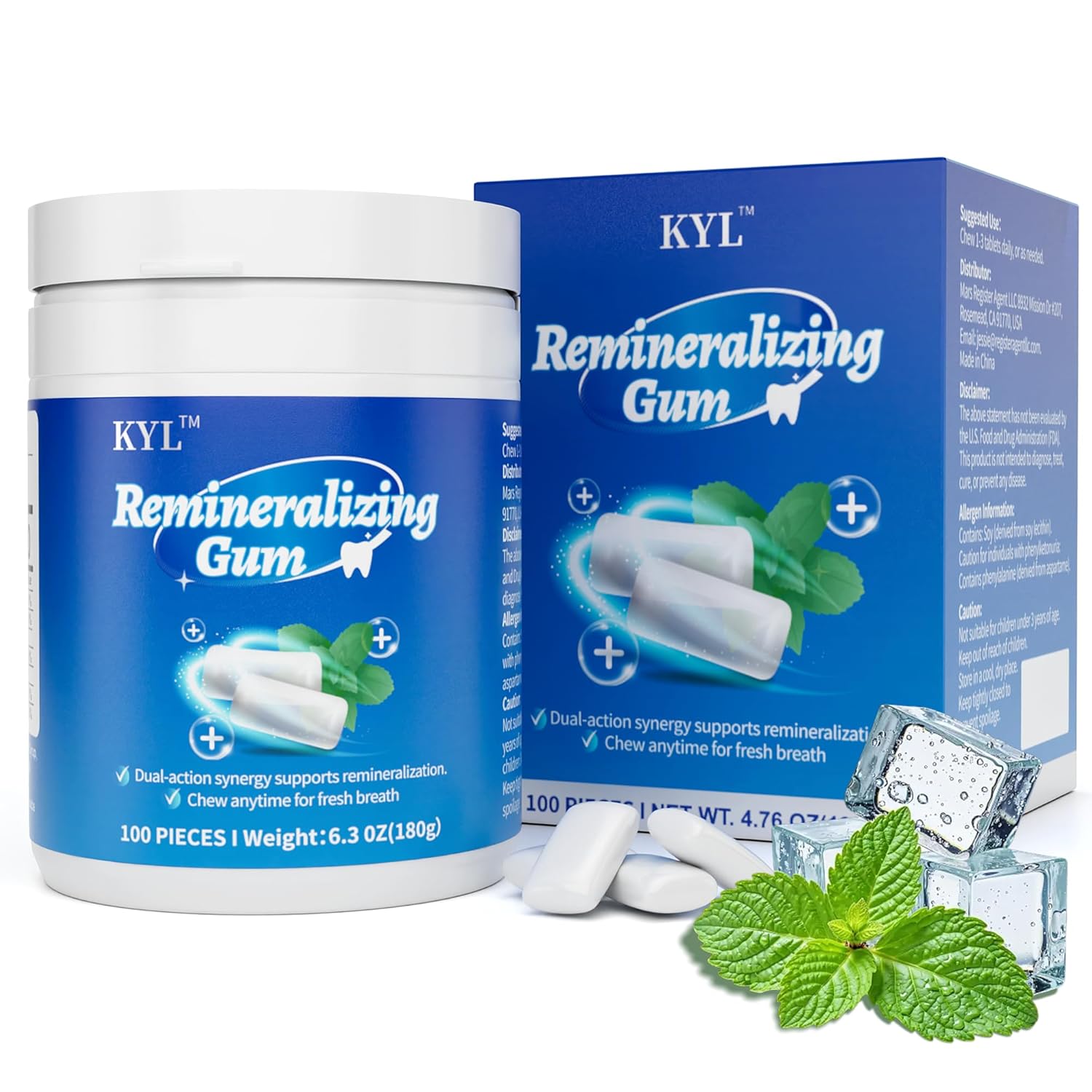 KYL Remineralizing Gum with Xylitol Repair For Receding Gums Gluten-Free 100 Pieces Mint Flavor Perfect for Fresh Breath at Dinner Party School Work and Travel (1 Bottle)