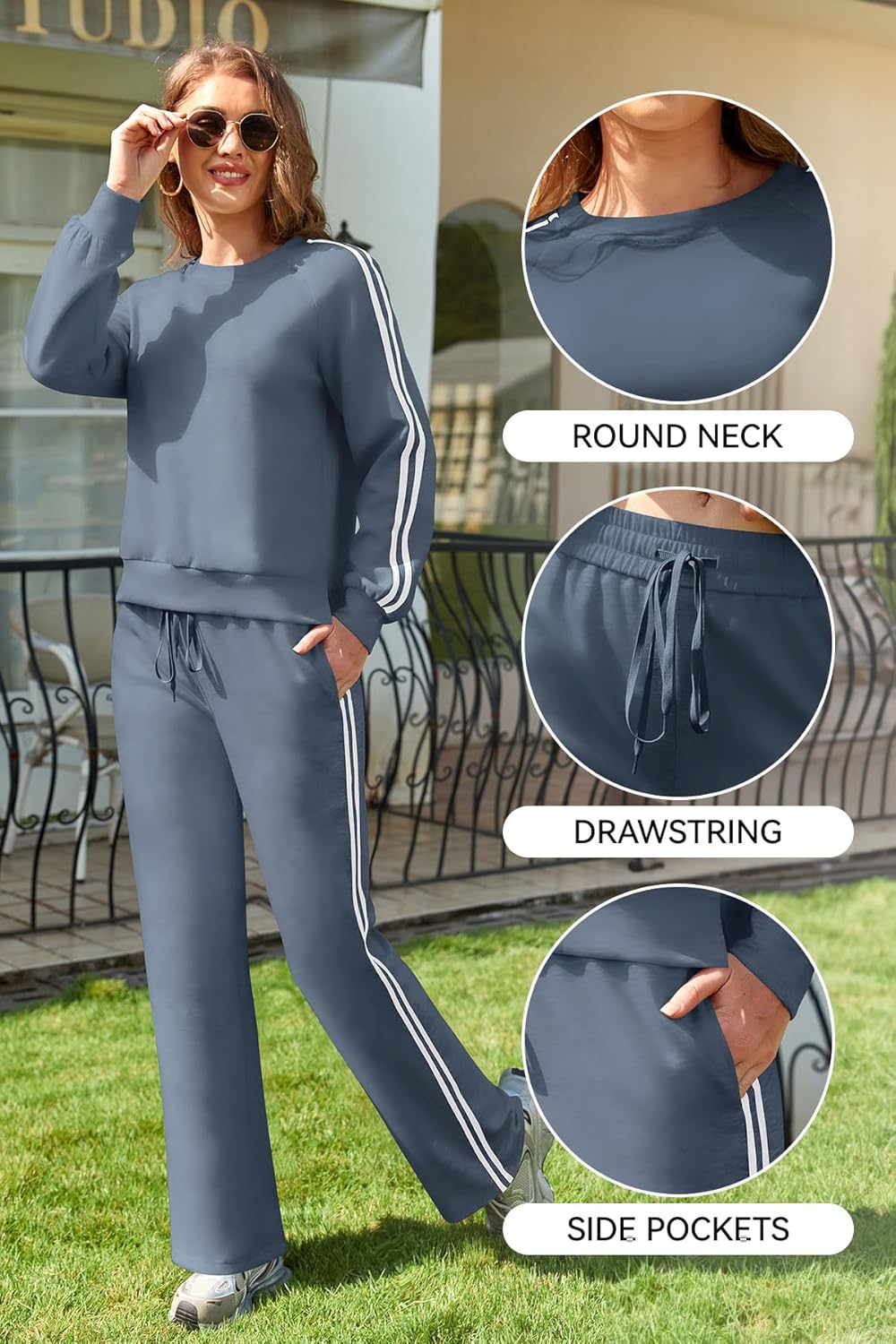 SHEKINI Women's 2 Piece Lounge Set Fall Outfit Long Sleeve Sweatshirt High Waisted Wide Pants Crewneck Tracksuit Matching Set - Image 5