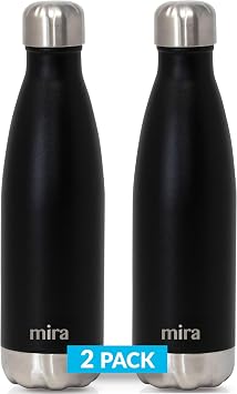 MIRA 2 Pack 17 oz Insulated Water Bottle - Stainless Steel Cola Shape Thermo - Double Wall Hot & Cold Flask 24Hr Cold/12Hr Hot - Black