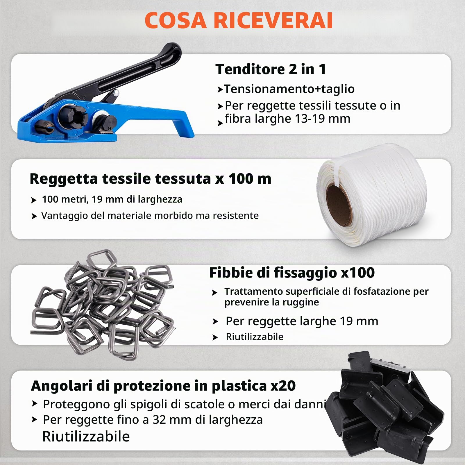BAOSHISHAN Kit di reggetta con tessuto per l'imballaggio dei pallet (tenditore 2 in 1 + 100m di reggetta tessile + 100pcs fibbie di imballaggio fosfatante + 20 angolo di imballaggio)