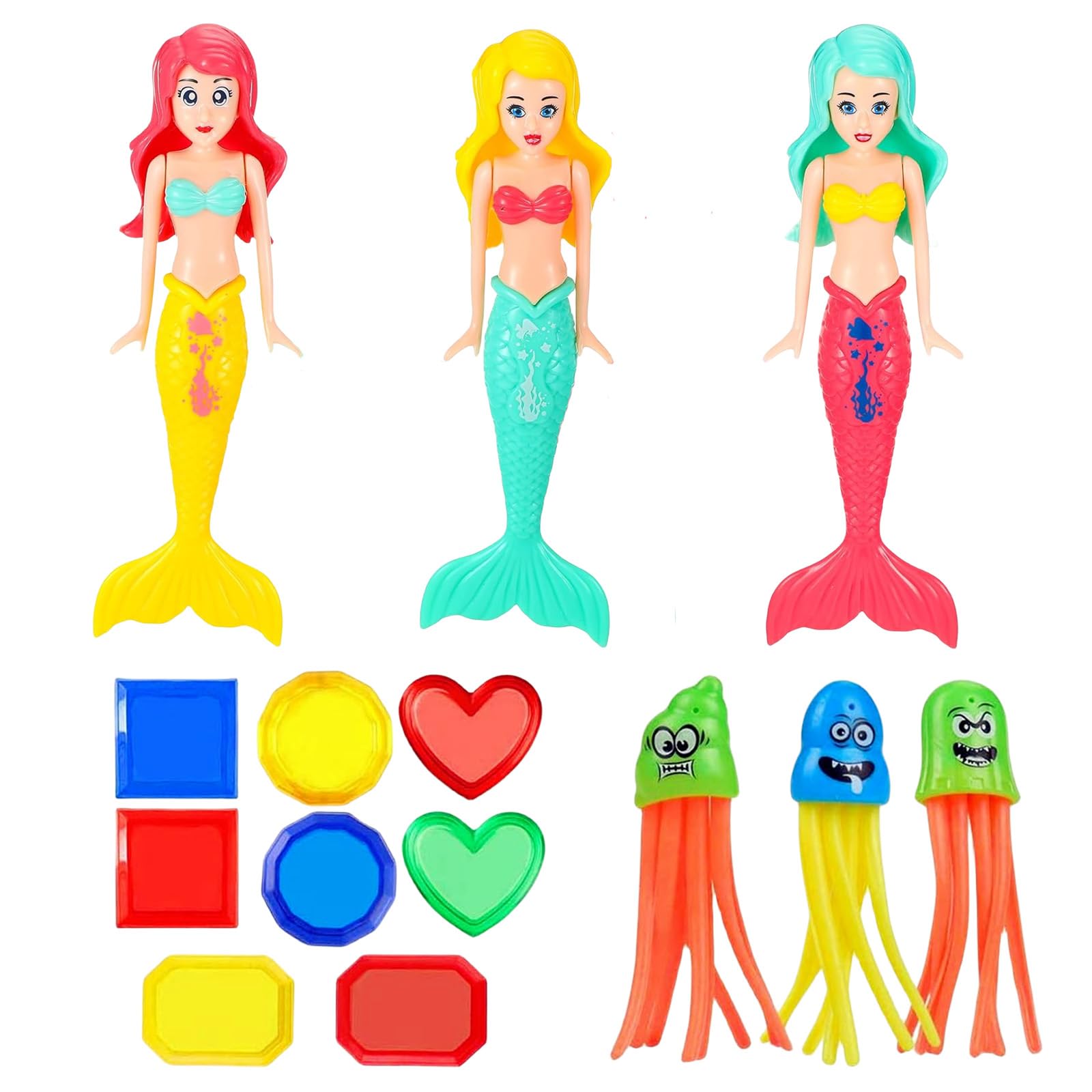 14Pcs Pool Diving Toys Set,Mermaid Underwater Diving Toys Swimming Pool Toys Set Water Toy with Diving Mermaid,Fun Squid Dive Toys, Marine Gem Diving Games Underwater Training Pool Rings for Kids