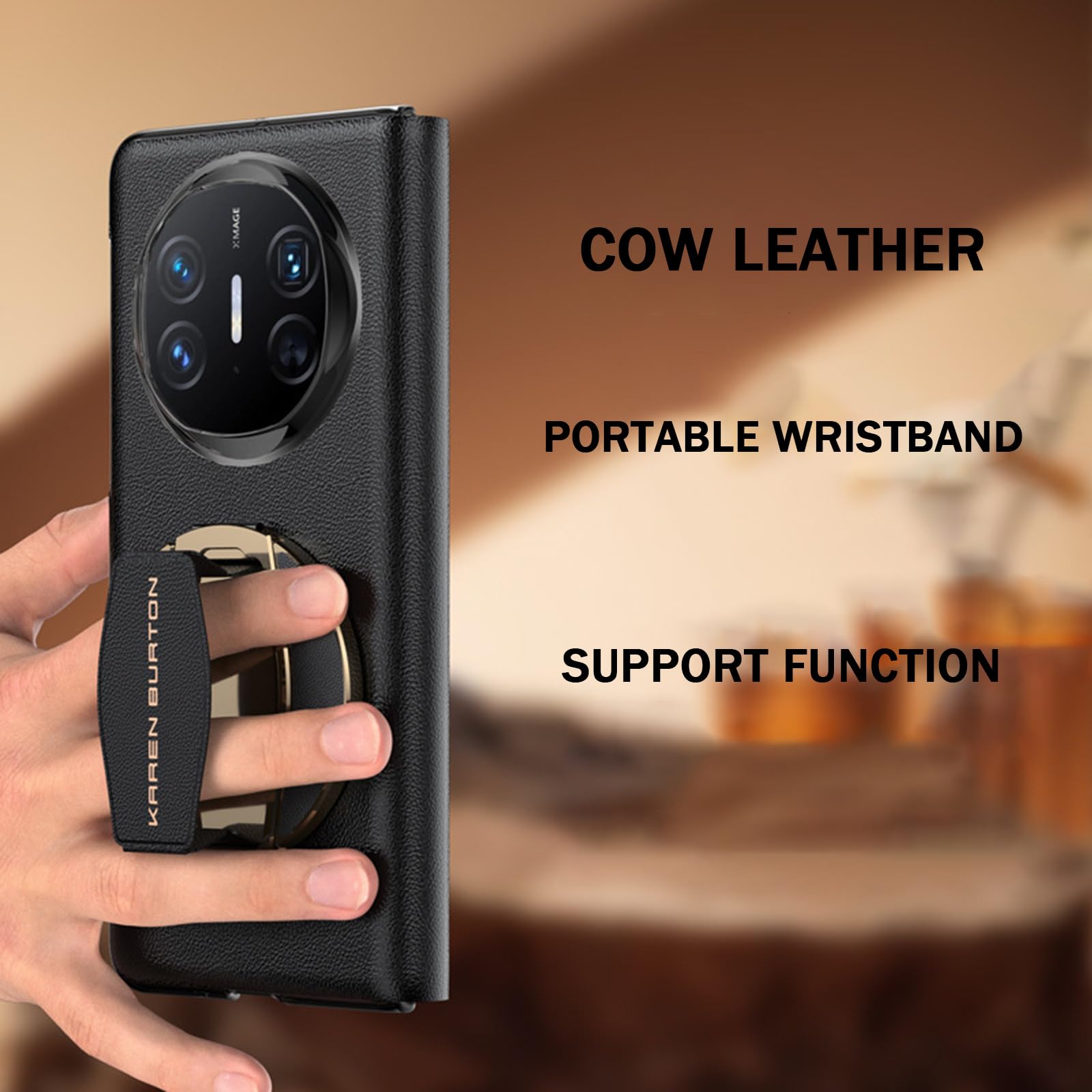 Etui do Huawei Mate X6, z przezroczystym okienkiem z klapką z prawdziwej skóry etui na nadgarstek składany pasek na nadgarstek luksusowa podstawka, czarny, matowy X6