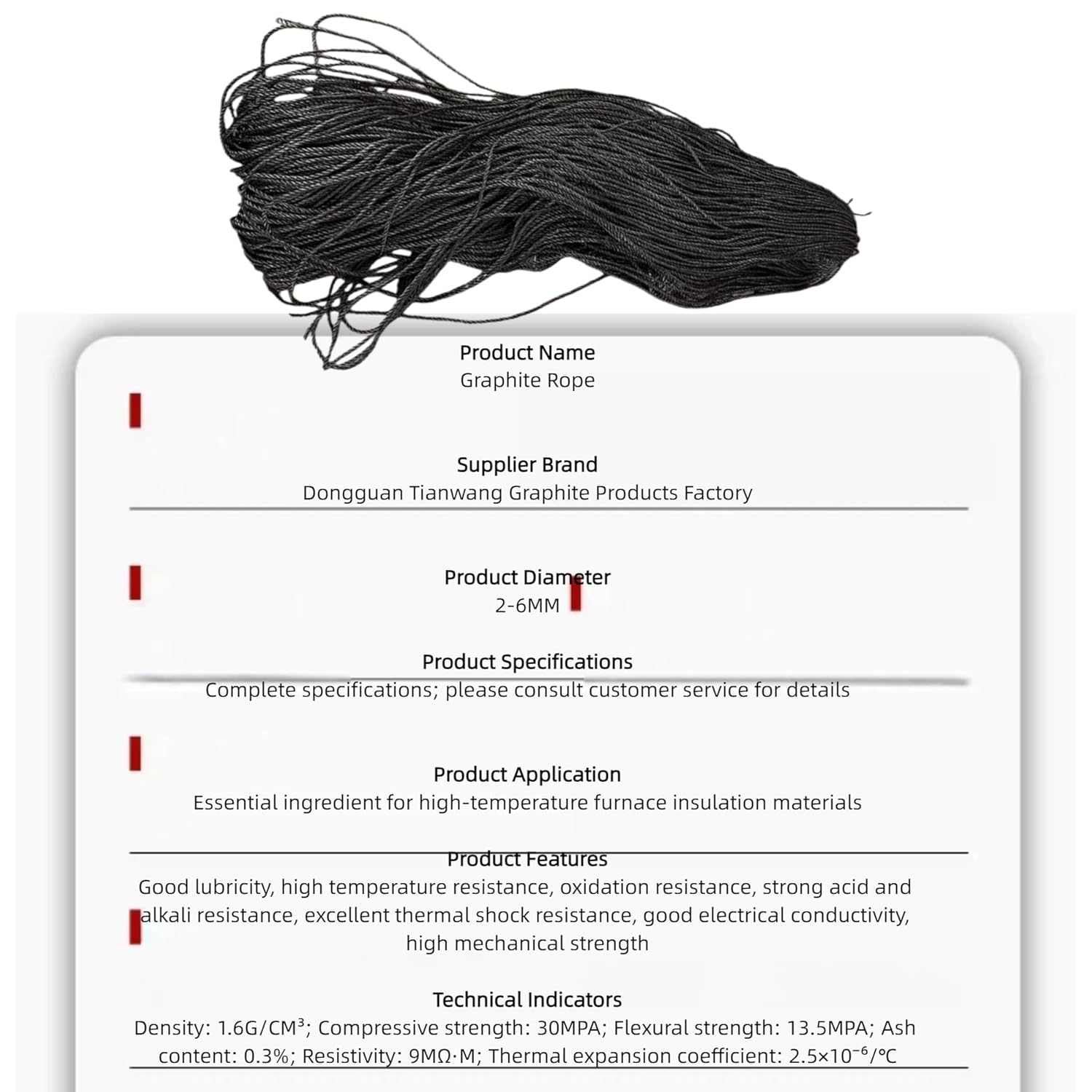 Carbon Fiber Graphite Rope 2-6mm Dia High Temperature Resistant Conductive Rope for Vacuum Furnace Binding Dia 2mm 5m (196.85"