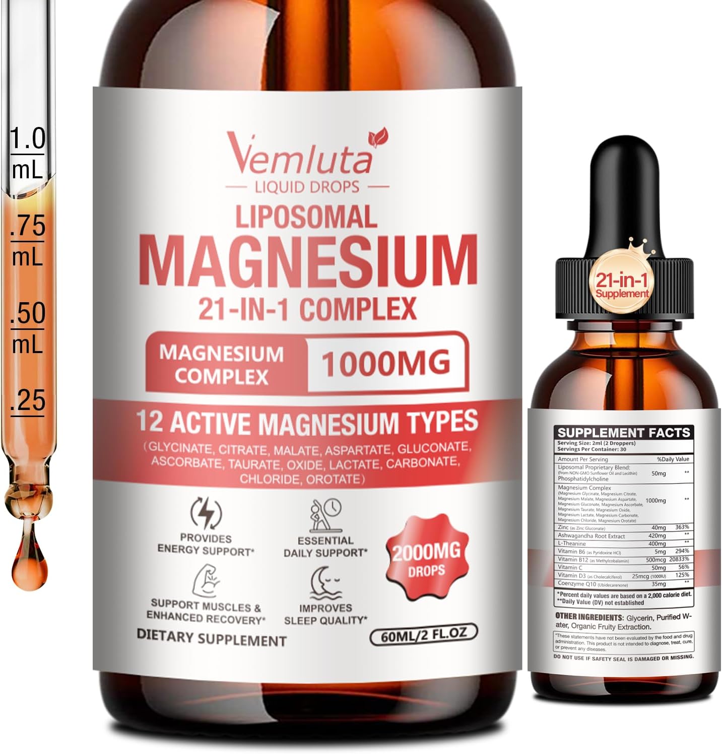 2 Packs 21-in-1 Liposomal 12 Active Magnesium Complex 2000MG+ Liquid Drops - with Magnesium Glycinate,Citrate etc, Ashwagandha & L-Theanine,CoQ10 for Mood, Muscle,Heart & Relaxation Nerve* Support