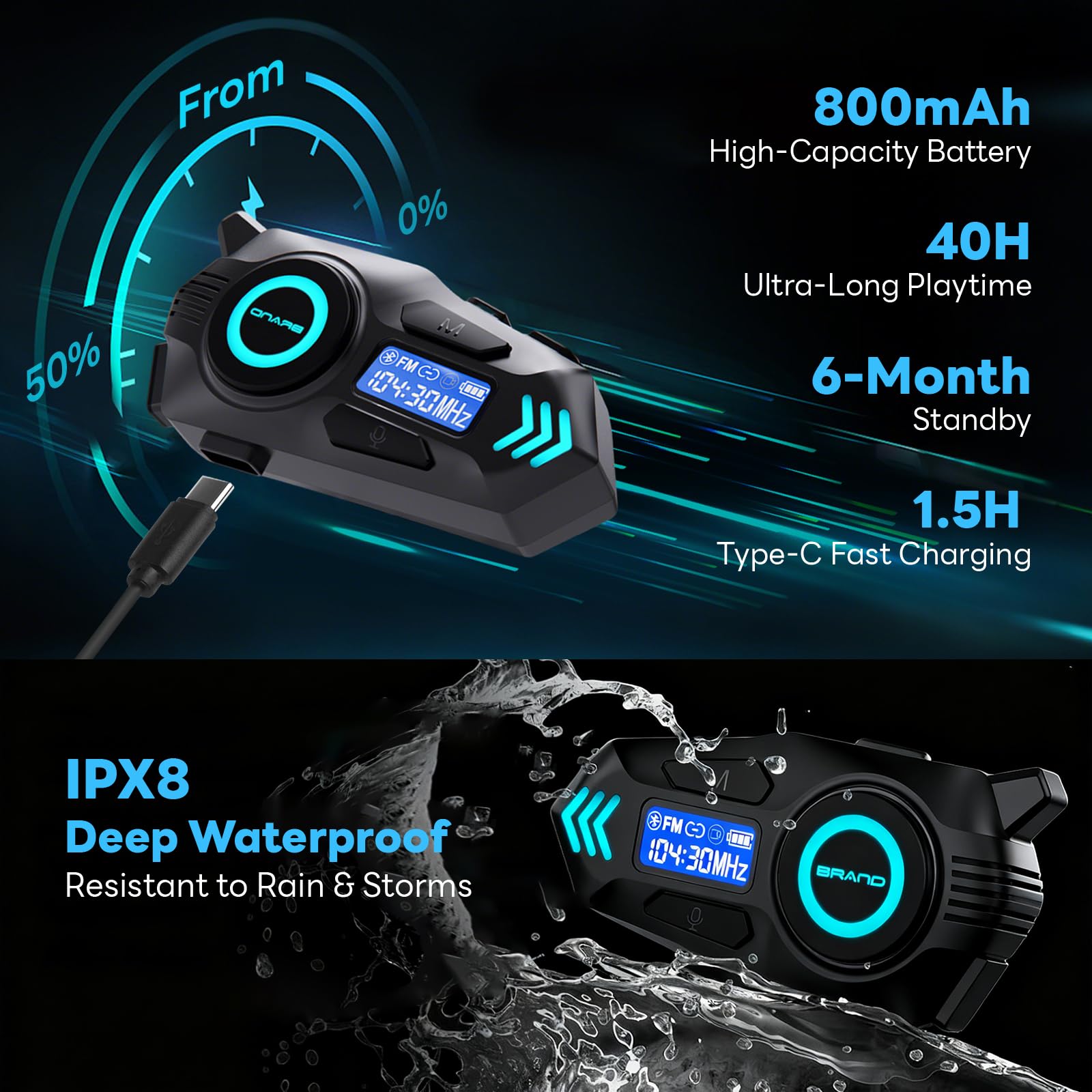K09 Interfono Moto, Kit Vivavoce Moto Bluetooth 5.4, Sistema Comunicazione Duo Interfono Moto 500 m, Auricolare con Display Digitale/IPX8 Impermeabile/HIFI/FM (1 pz)