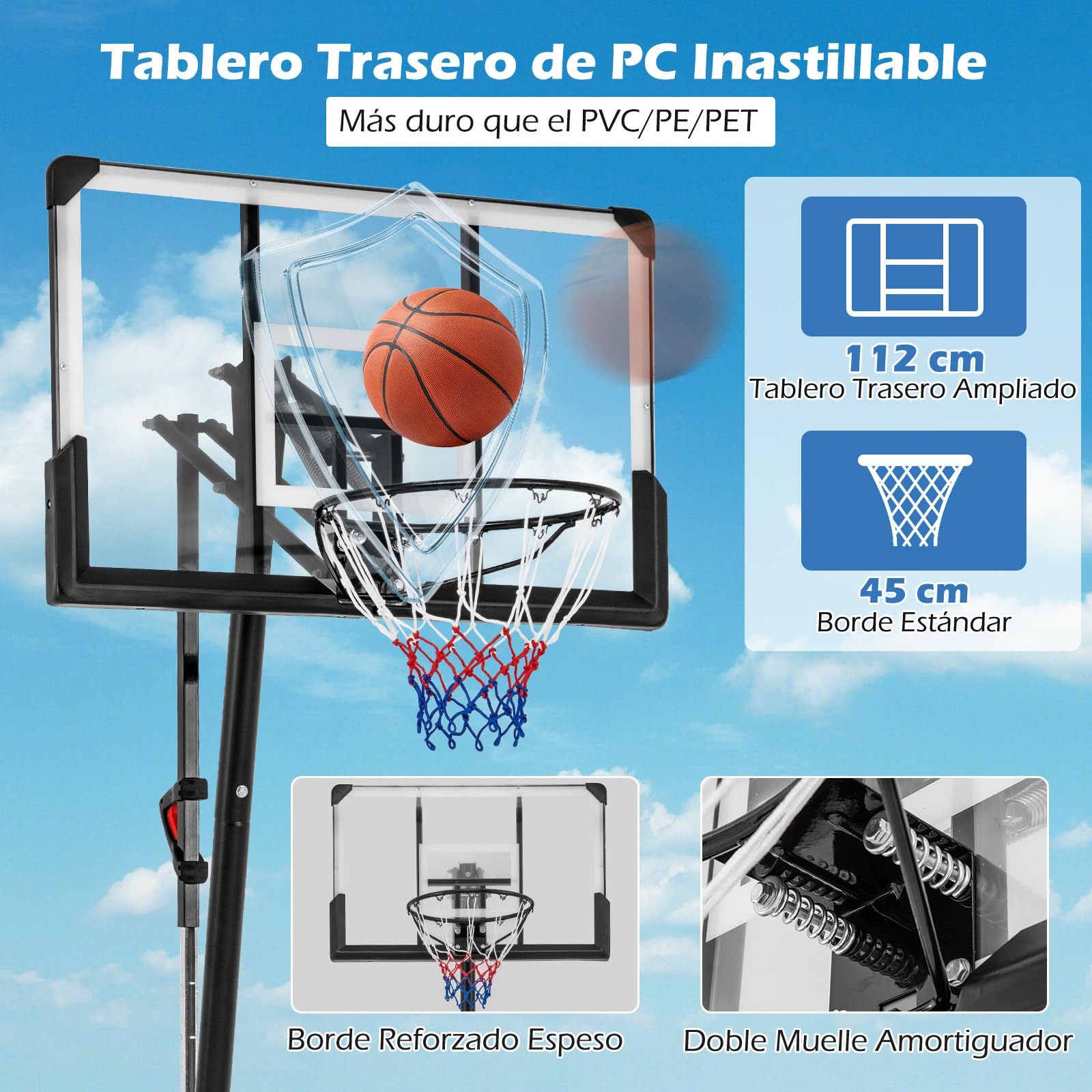 COSTWAY Canasta de Baloncesto Exterior, Altura Ajustable de 1,5 m a 3,05 m, Aro de Baloncesto Portátil PC con Base Rellenable de Agua 60 kg o Arena 150 kg, Canasta de Baloncesto Adolescentes y Adultos