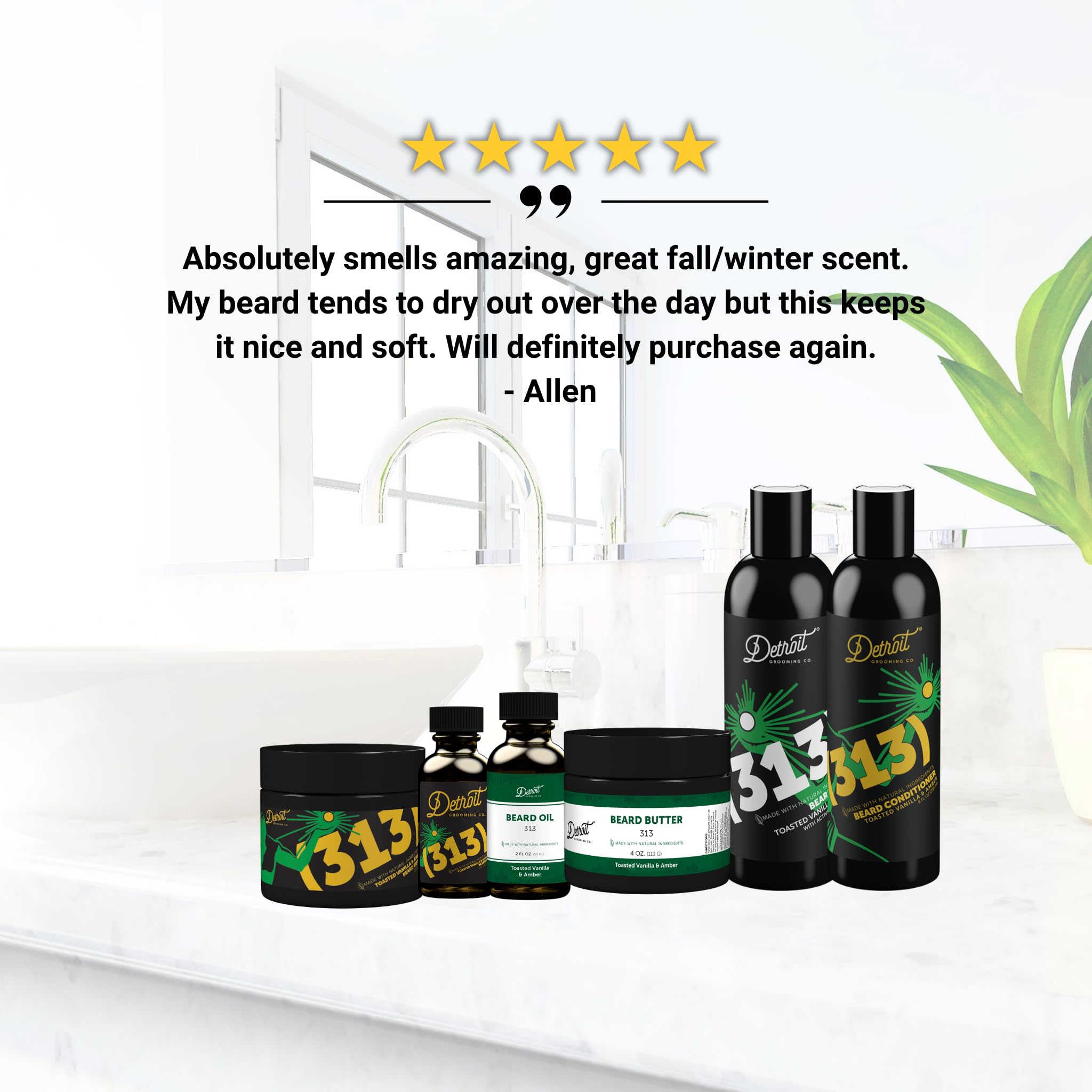 Detroit Grooming Co. Beard Wash and Beard Conditioner - Men's Kit - Softens, Strengthens, Moisturize, Infused w/Argan Oil, Apple Extract, & Aloe Vera - Toasted Vanilla Amber Scent - 313-8oz