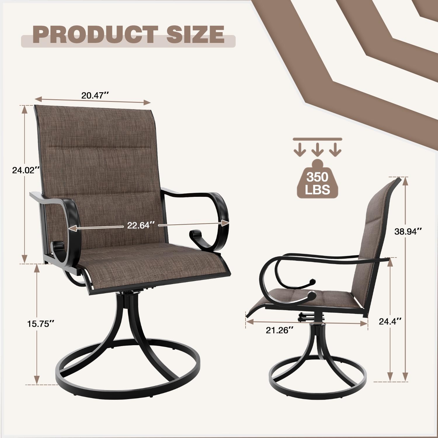 MELLCOM Patio Swivel Chair Set of 2, High Back Padded Textilene Outdoor Dining Chairs with E-Coating Metal Frame, All-Weather Outdoor Furniture Rocker for Backyard, Porch, Garden, Lawn, Brown