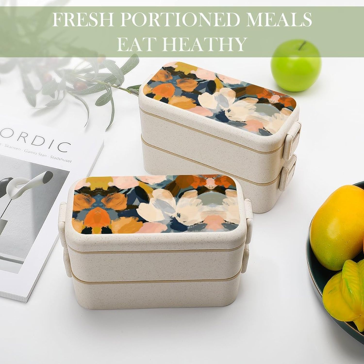 Lunch Box Bento Premium Warm Earth Tone Printed Bento Box Bento with Spoon And Fork with Compartment Containers Suitable for Men And Women, style