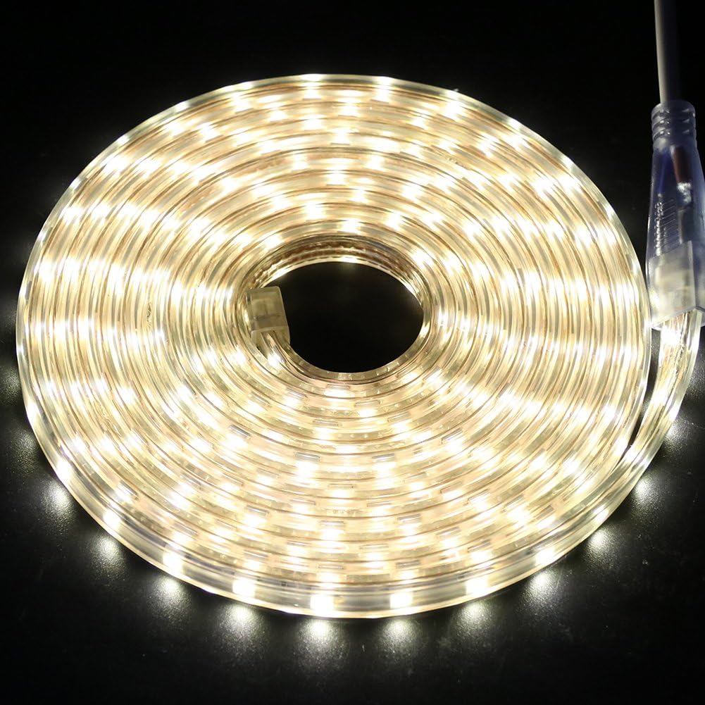 GQL20m LED Strips Lights Warm White, 220V- 240V Ribbon SMD 5050 60leds/m Rope Lighting, IP65 Waterproof, No Self Adhesive, DIY Home Kitchen Bar Decking Holiday Christmas Indoor Decoration