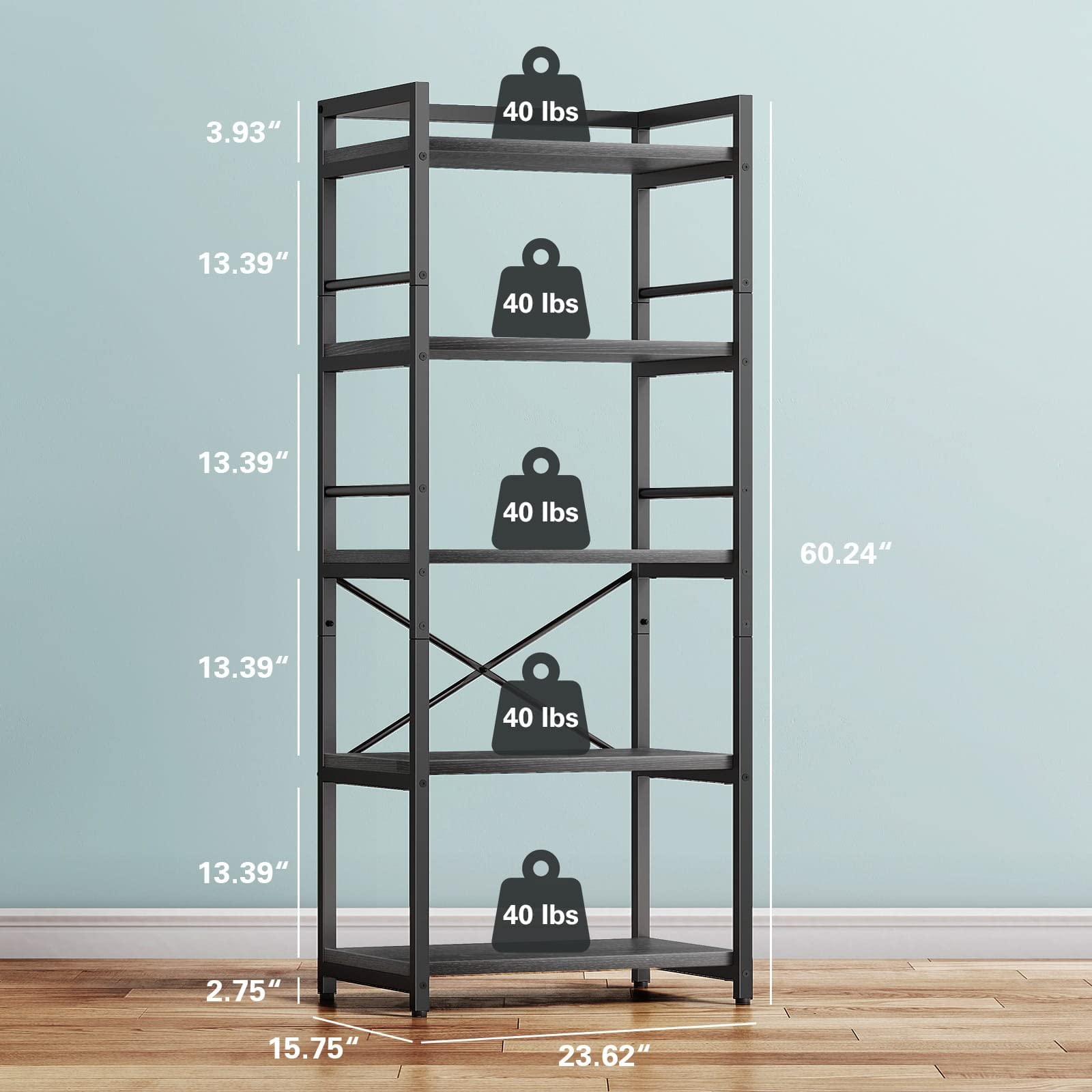 Denkee 5-Tier Bakers Rack for Kitchen with Storage, Industrial Microwave Stand Oven Shelf, Free Standing Kitchen Storage Shelf Rack (23.62 L x 15.75 W x 60.24 H, Black)