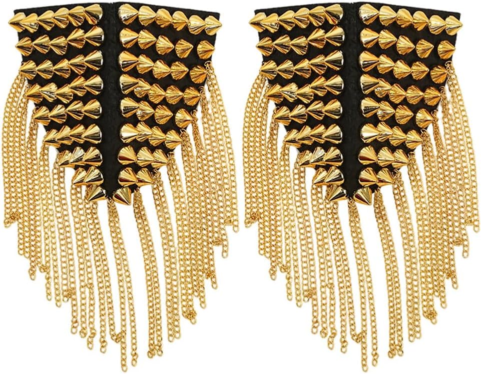 1Pair Tassel Shoulder Pads Gold Silver Rivet Epaulettes Retro Punk Shoulder Patches for Costume Party, Halloween Cosplay, Stage Performance