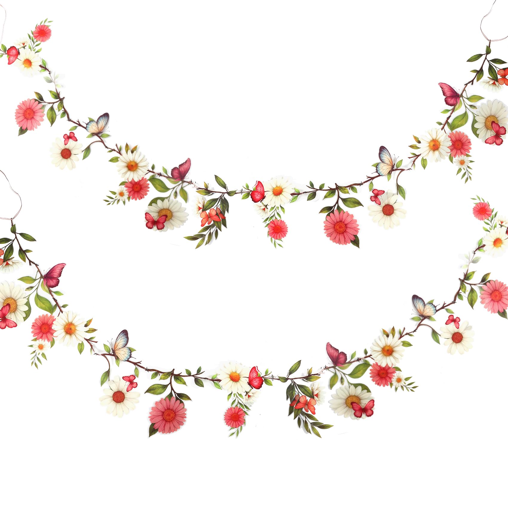 2 Pcs Garden Flower Decorations – Bunting Floral Garland, Waterproof Wildflower Banner, Reusable Spring Summer Party Decor for Birthday, Baby Shower, Wedding, Tea Party, Indoor Outdoor