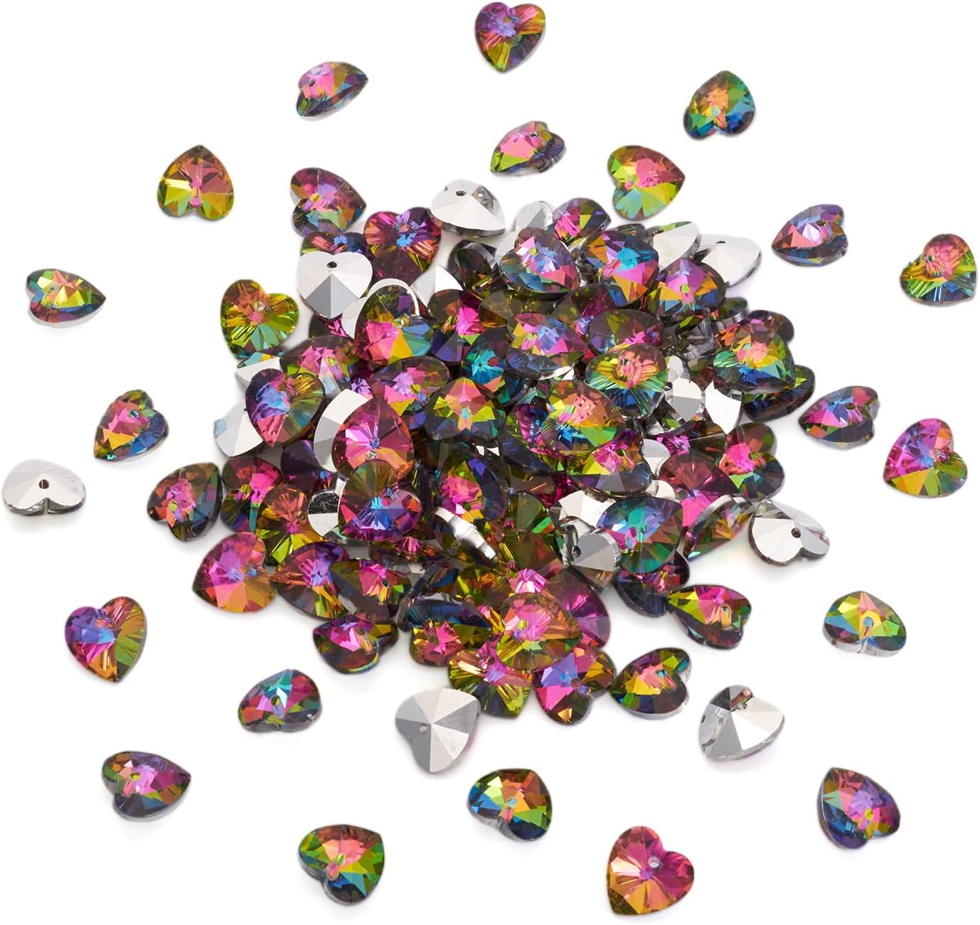 100Pcs Rainbow Colorful Electroplated Faceted Glass Love Heart Charms 14x14mm with Silver Plated Back for DIY Jewelry Craft Making