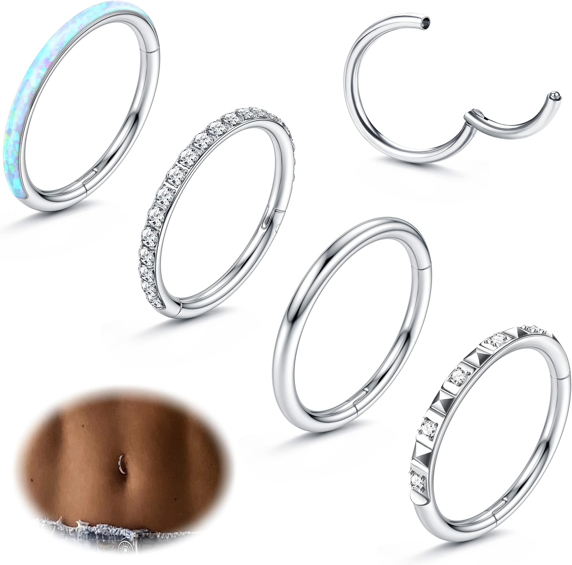 FIBO STEEL 14G Belly Button Rings 316L Surgical Steel Belly Hoop Ring Clear CZ Opal Navel Rings Clicker Segment Belly Piercing Jewelry 10mm 12mm