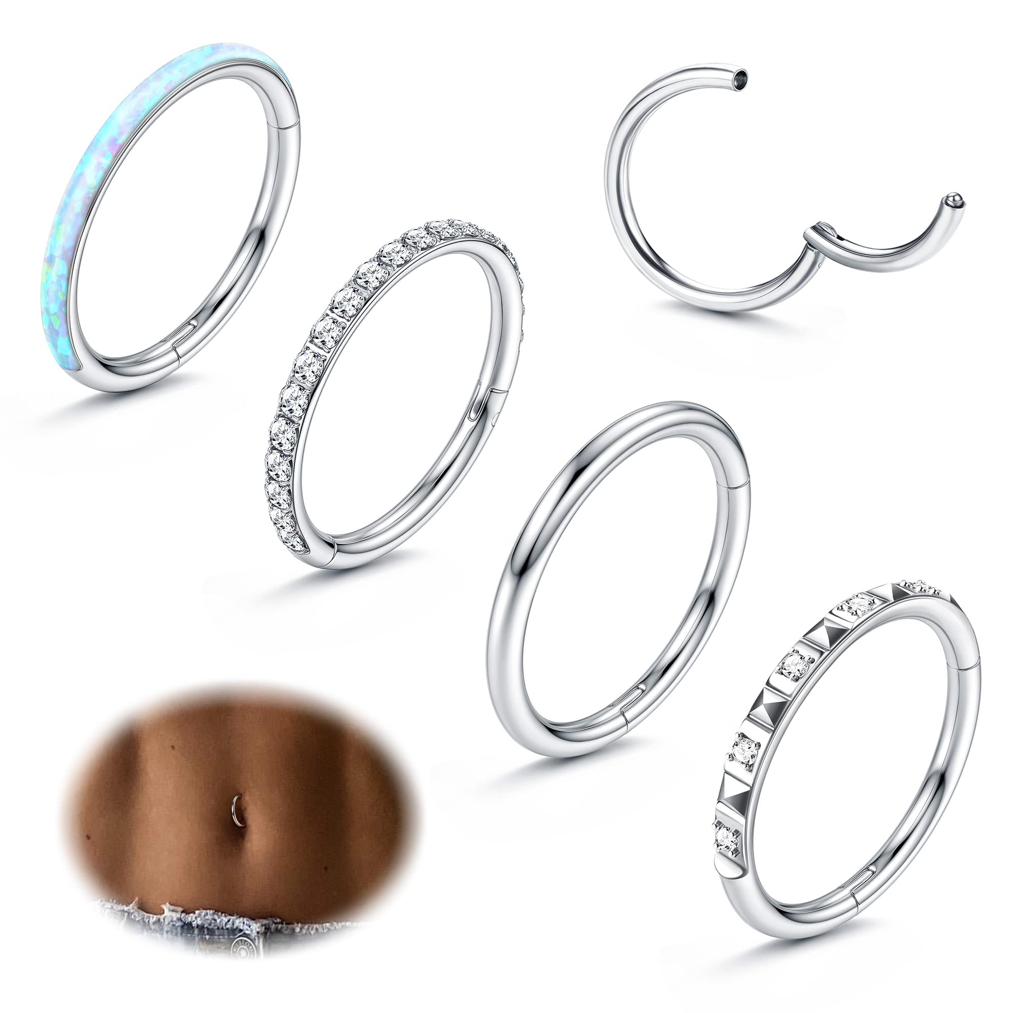 FIBO STEEL 14G Belly Button Rings 316L Surgical Steel Belly Hoop Ring Clear CZ Opal Navel Rings Clicker Segment Belly Piercing Jewelry 10mm 12mm