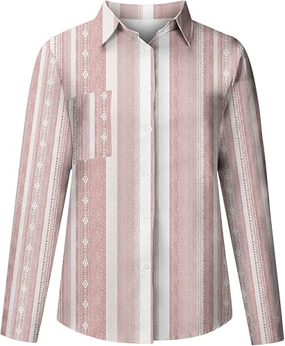 Miniatura 4 de Blusa elegante a rayas para mujer, para otoño, casual, enrollada, de manga larga, con solapa, con botones, ajuste holgado