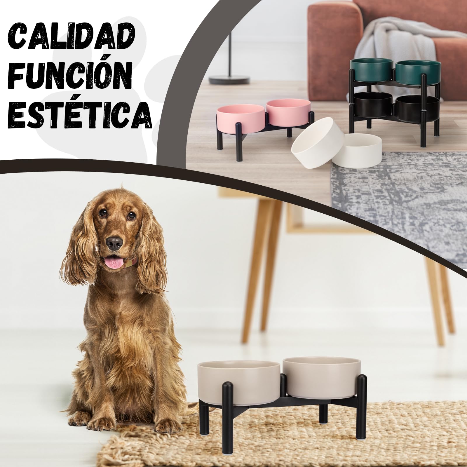 Comedero Perro Elevado de Cerámica - Cuenco Doble con Soporte de Acero Inoxidable - Platos para Perros Pequeños y Medianos - 660 ml x 2 - Negro