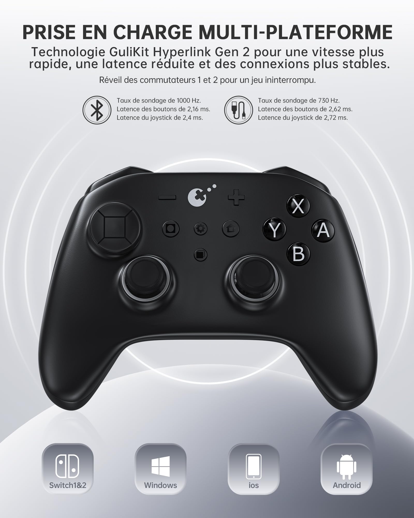 GuliKit TT Mando Inalámbrico para PC, Android, iOS, Switch 1/2, Joystick TMR, con Batería de 950 mAh, Función de Activación (Negro, TT MAX) - 3