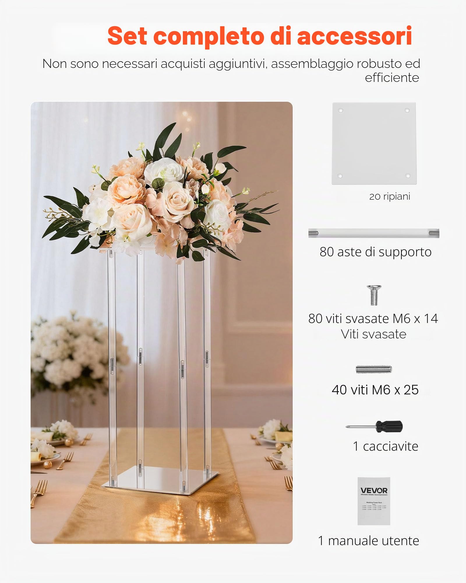 VEVOR Portafiori da Matrimonio 10 Pezzi da 50 cm, Portafiori a Colonna con Laminato Acrilico, Espositore Floreale Cubico Cilindrico per Matrimoni, Feste, Compleanni, Casa, Centrotavola Dorati