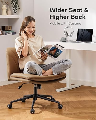 Miniatura 3 de Marsail Silla de escritorio de oficina sin brazos con ruedas silla ancha de piel sintética con patas cruzadas, cómodas sillas giratorias ajustables