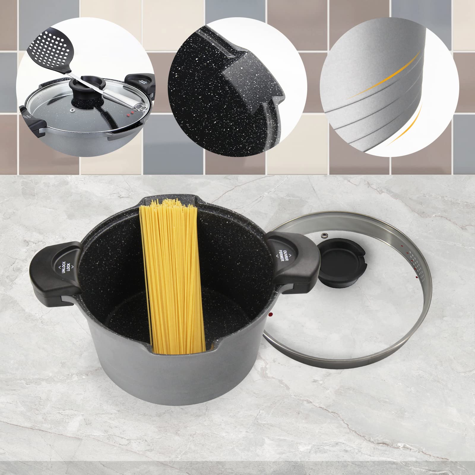 ROSSETTO Pentola Scolapasta a Induzione Antiaderente per Pasta con Coperchio, Alluminio, 24cm, 4,5Litri