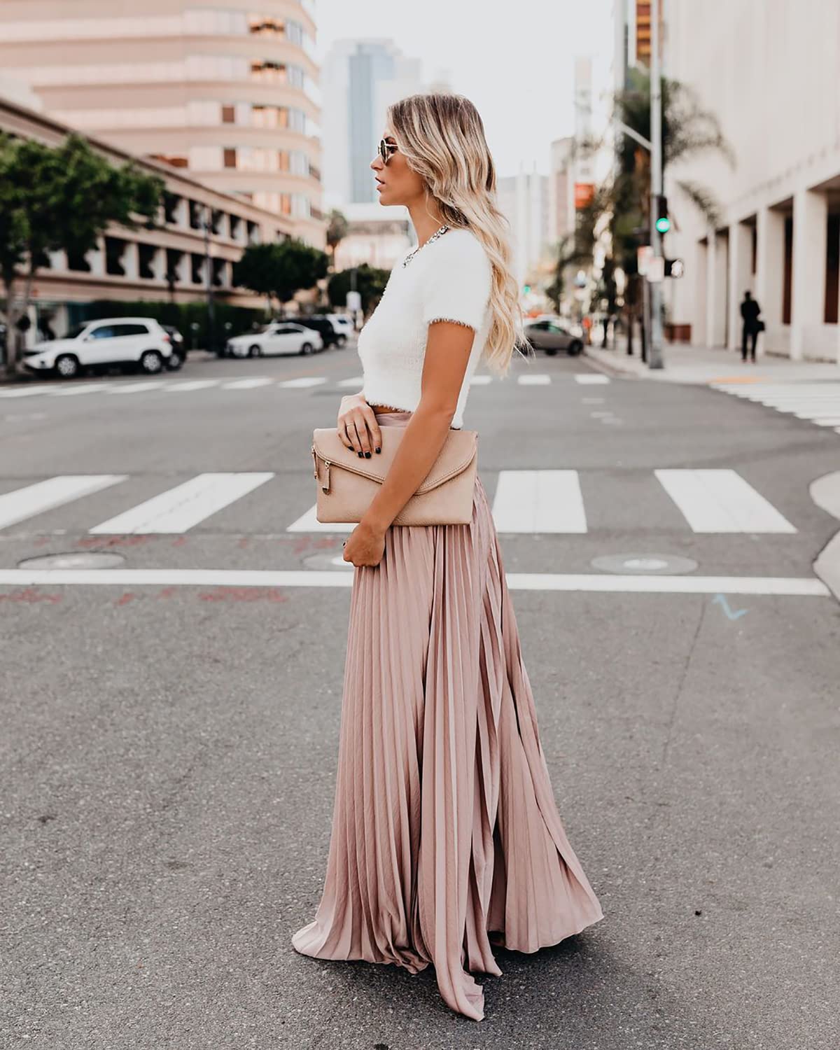 utcoco Elegante Maxi Gonna a Vita Alta Pieghettata Chiffon gonne Lunghe per Le Donne, Rosa, L