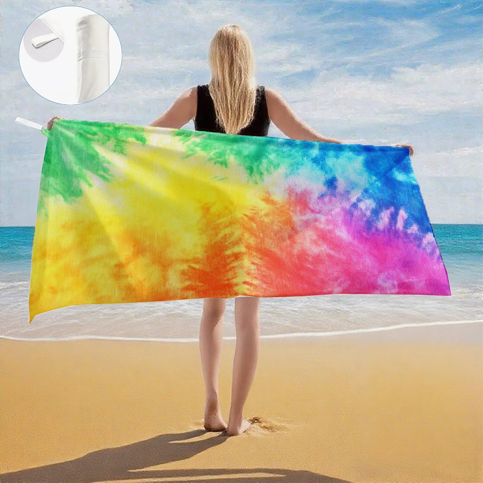 Serviette Plage Rêve Motif, Serviette de Plage XXL 100x180 avec Sac, Serviettes de Bain Microfibre Séchage Rapide Anti-Sable Absorbante Fonction pour Bain, Sport, Voyages, Sauna, Piscine Q-734