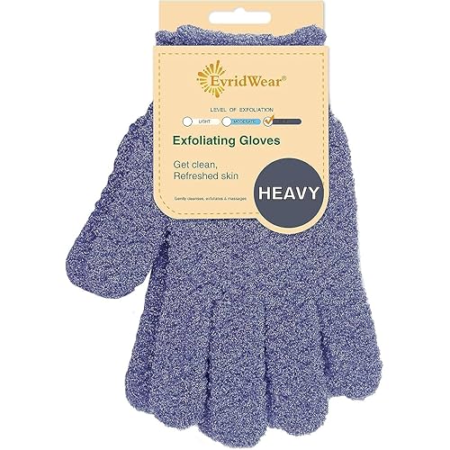 Evridwear Exfoliating Dual Texture Bath Gloves for Shower, Spa, Massage and Body Scrubs, Dead Skin Cell Remover, Gloves with Hanging Loop (1 Pair Heavy Glove)