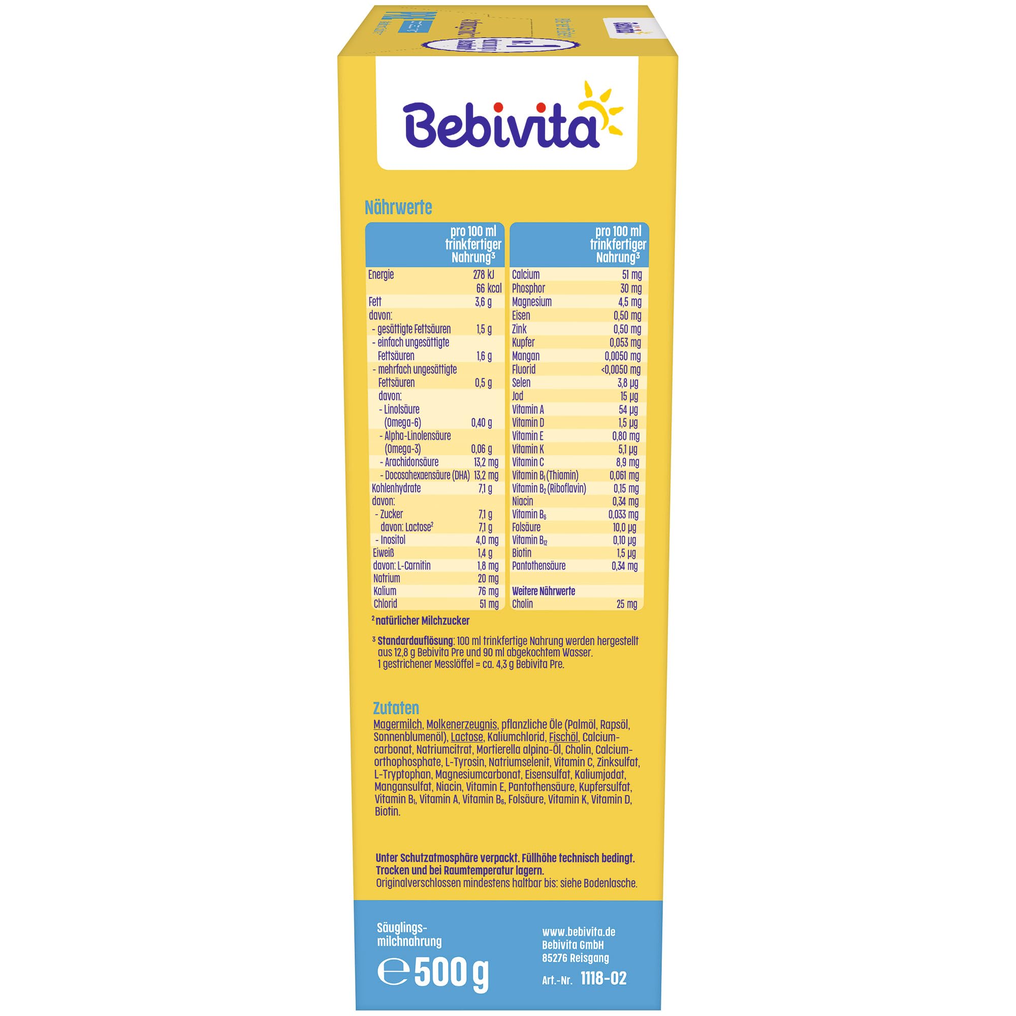 Bebivita PRE Anfangsmilch (5 x 500g), von Geburt an, enthält nur Lactose als Kohlenhydrat, gut zum Zufüttern