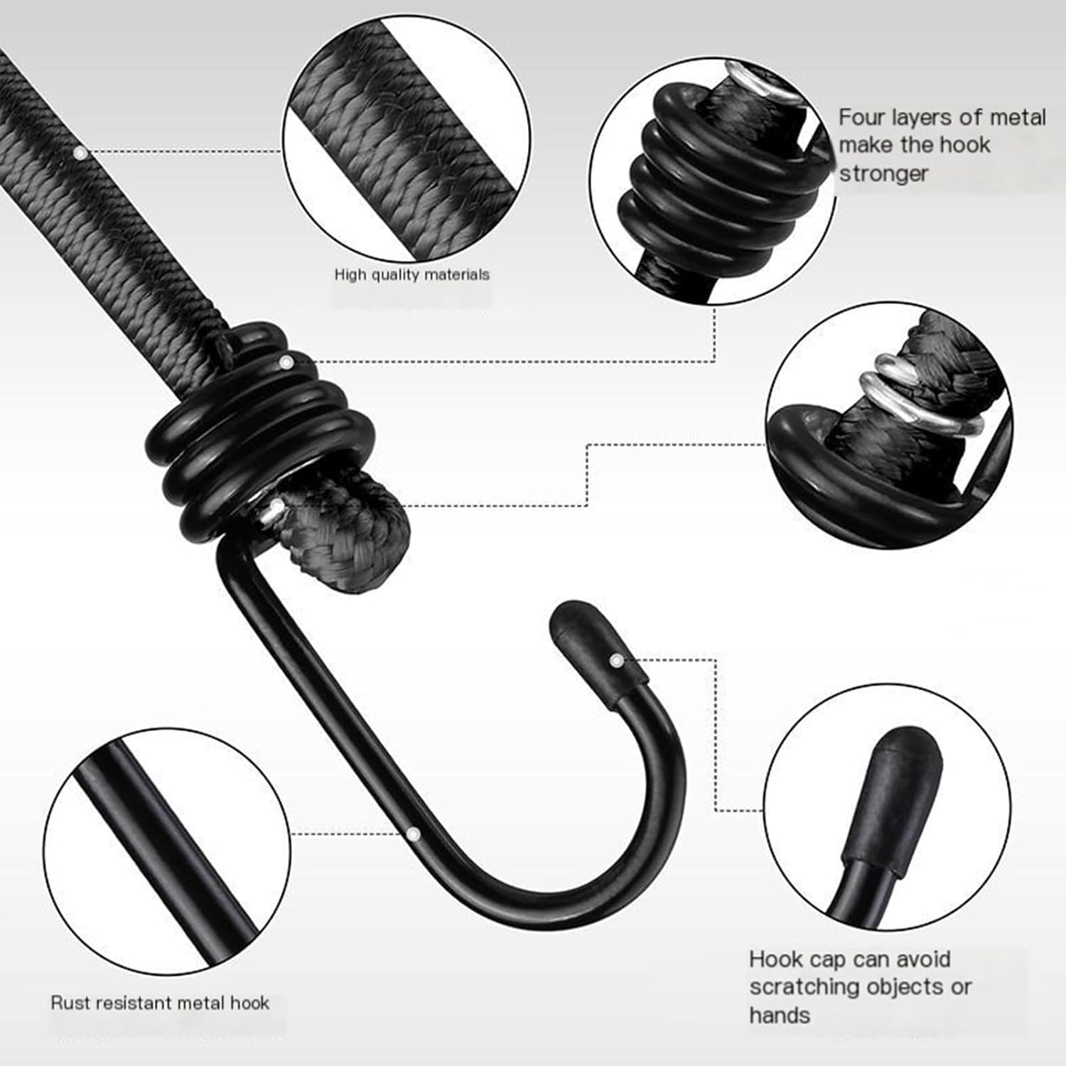 Adjustable Bungee Cords with Hooks for Cargo Tie Down Camping Travel Roof Rack Storage Organization Outdoor Use(Black)