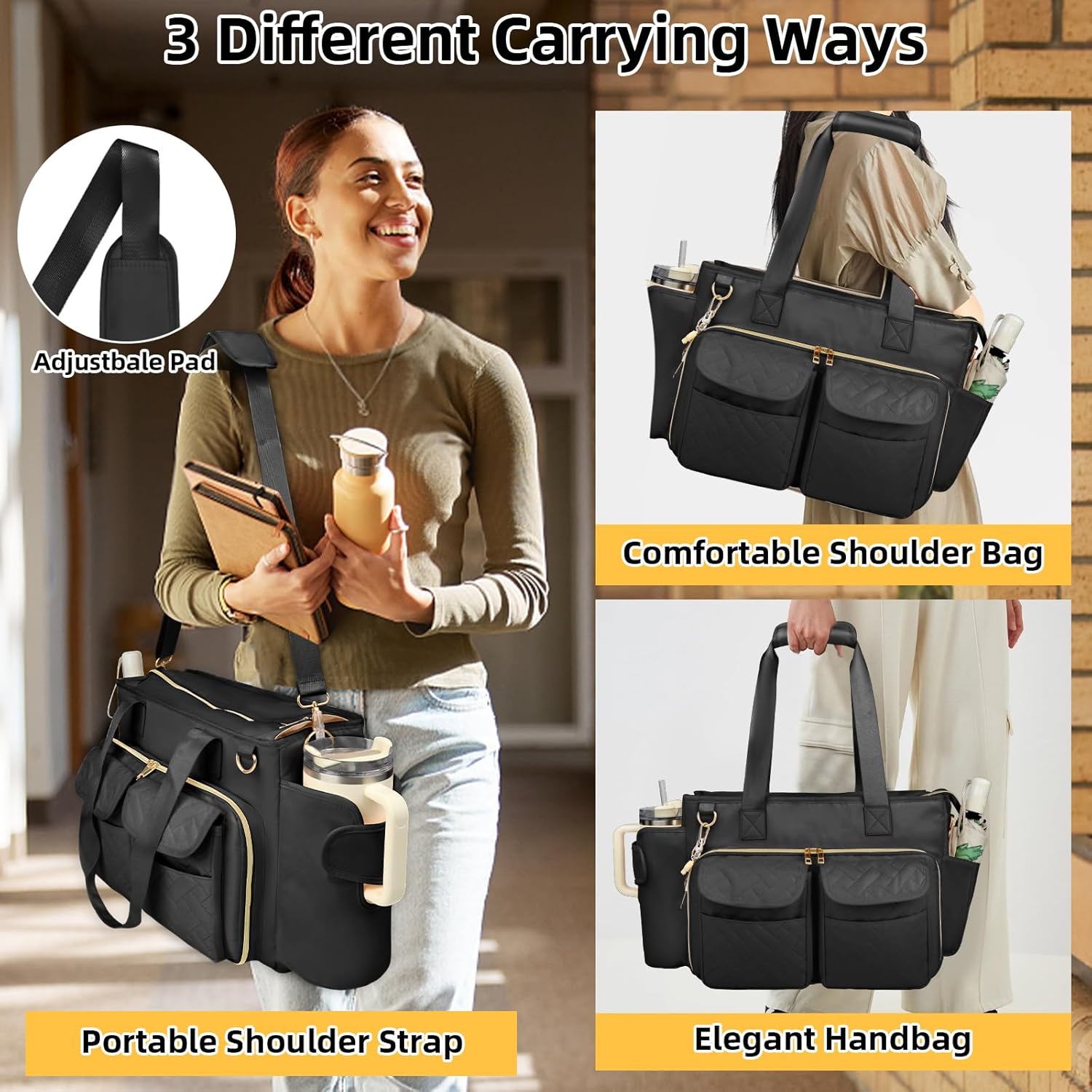 Teacher Tote Bag with 15.6 Inch Laptop Compartment, Soft Nylon Teacher Utility Bag with Multiple Pocket& Shoulder Strap, Large Work Tote Bag for Office& Teacher Supplies Organizer Women (Black)