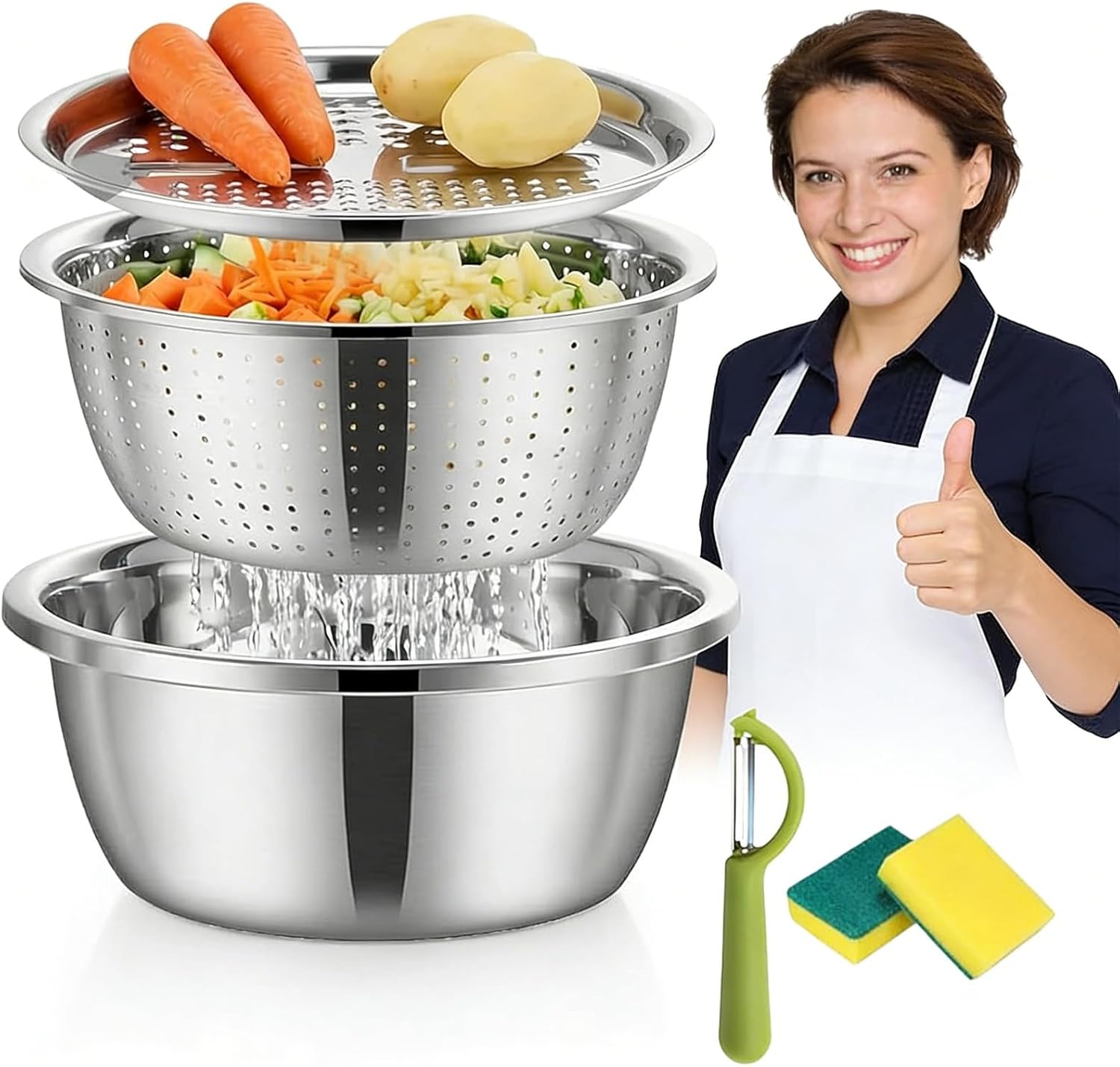 Germany Multifunctional Stainless Steel Basin, 2026 Upgrade Stainless Steel Shredding and Drainage, 3-in-1 Set with Grater, Strainer and Mixing Bowl, Professional Vegetable Slicer (XL:30cm/11.81in)
