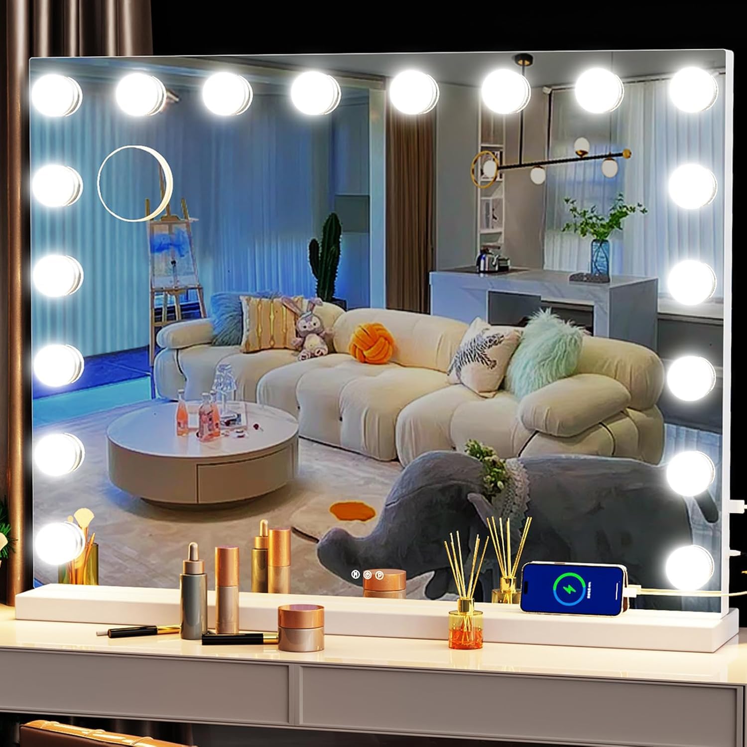 Extra Large 80x60cm Vanity Mirror with Lights, Hollywood Makeup Mirror with 17 Dimmable Bulbs and 10X Magnification, 3 Colors Modes, USB,Type-C Charging Port (square white, 80x60cm)